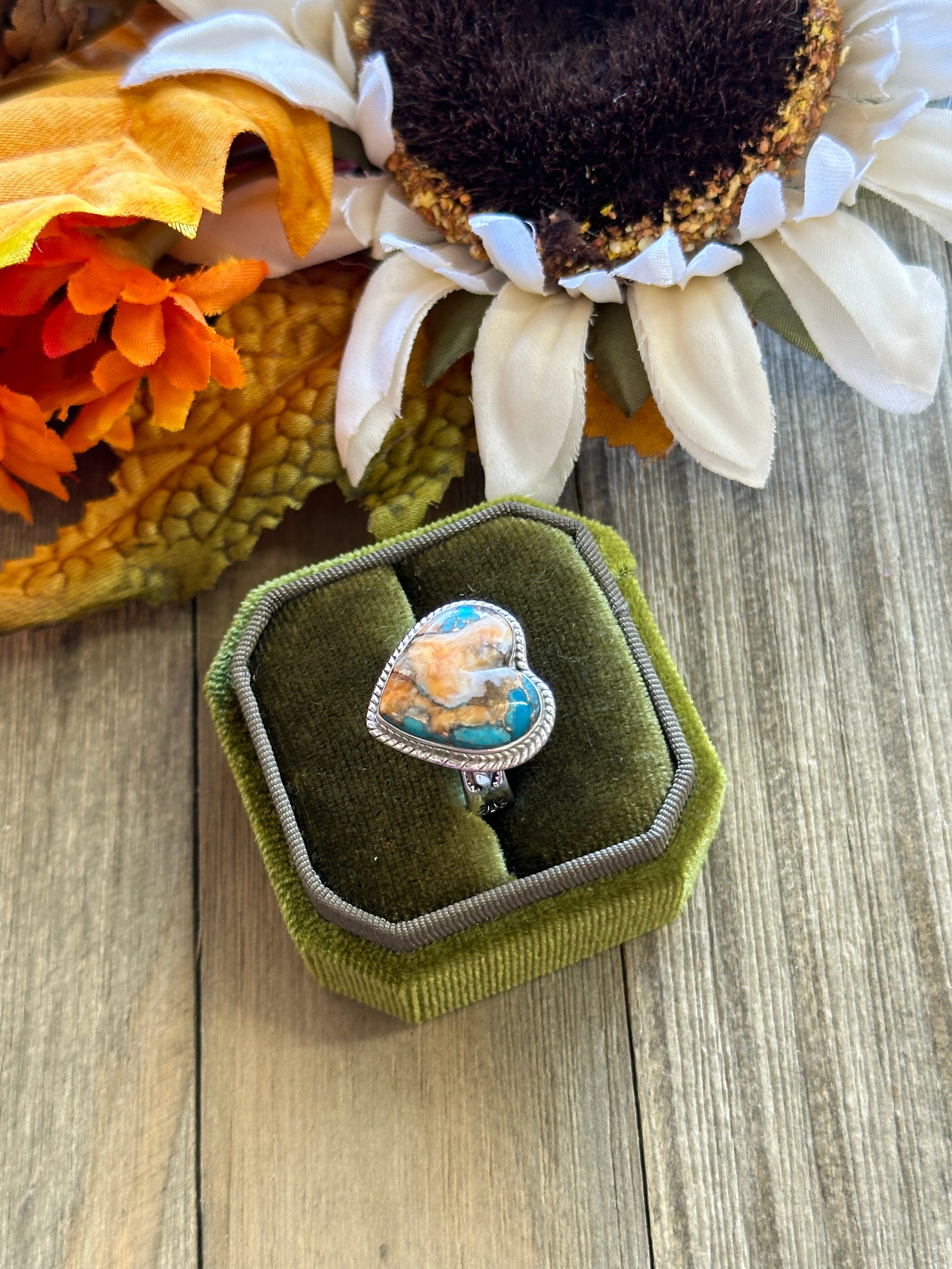 Southwest Handmade Mohave Turquoise & Sterling Silver Adjustable Heart Ring