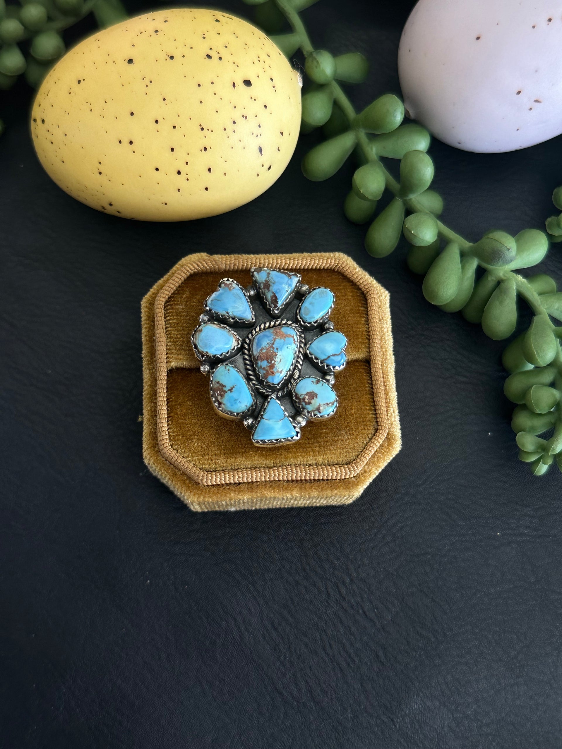 Southwest Handmade Golden Hills Turquoise & Sterling Silver Adjustable Cluster Ring
