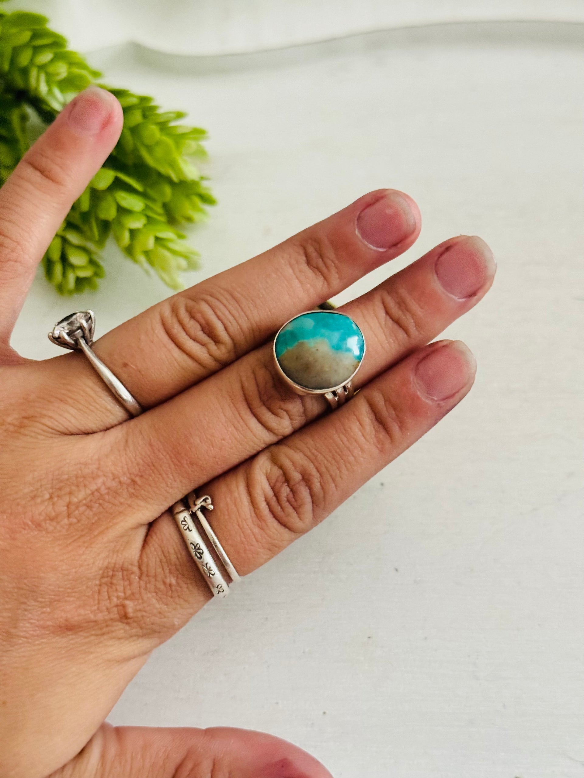 Southwest Made Kingman Turquoise & Sterling Sliver Ring Size 5.75