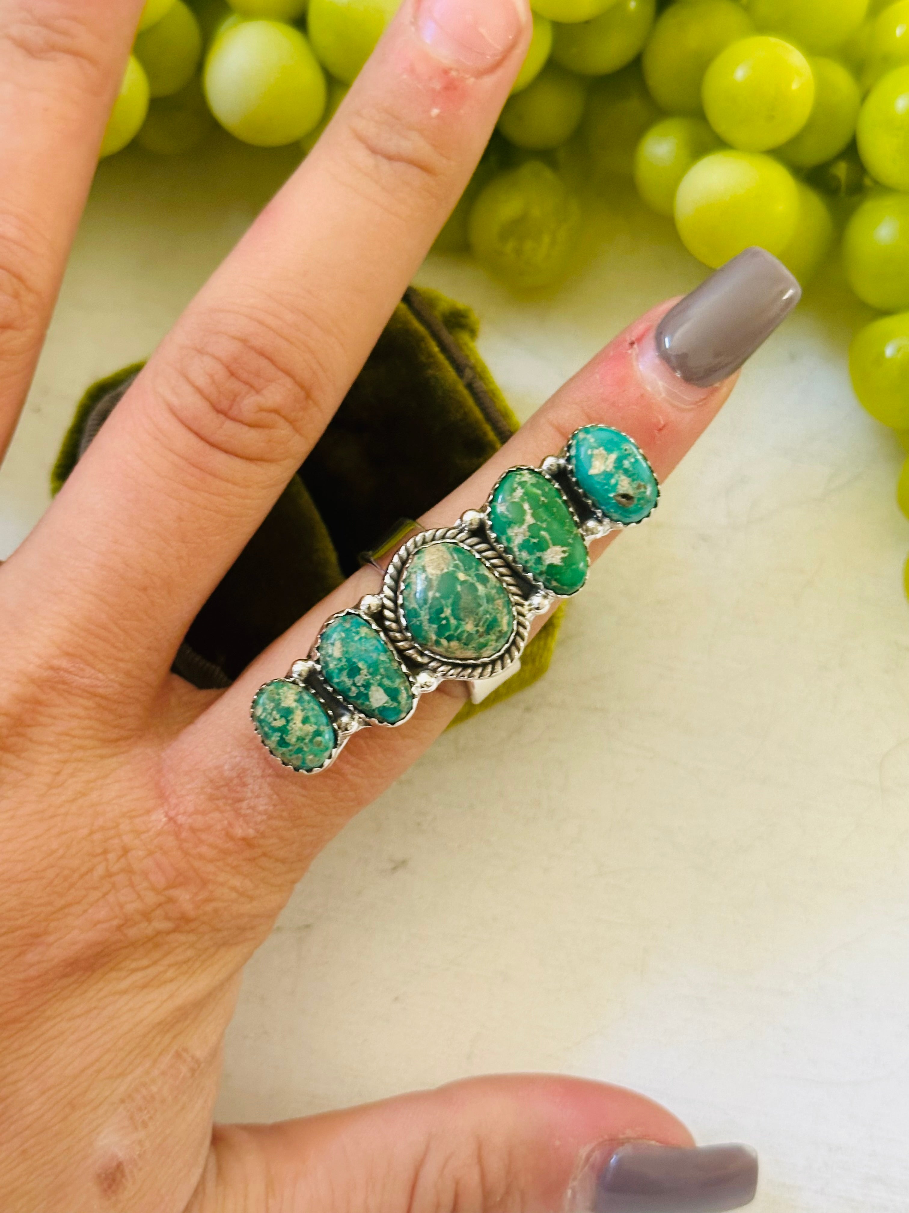 Southwest Handmade Emerald Valley Turquoise & Sterling Silver Adjustable Cluster Ring