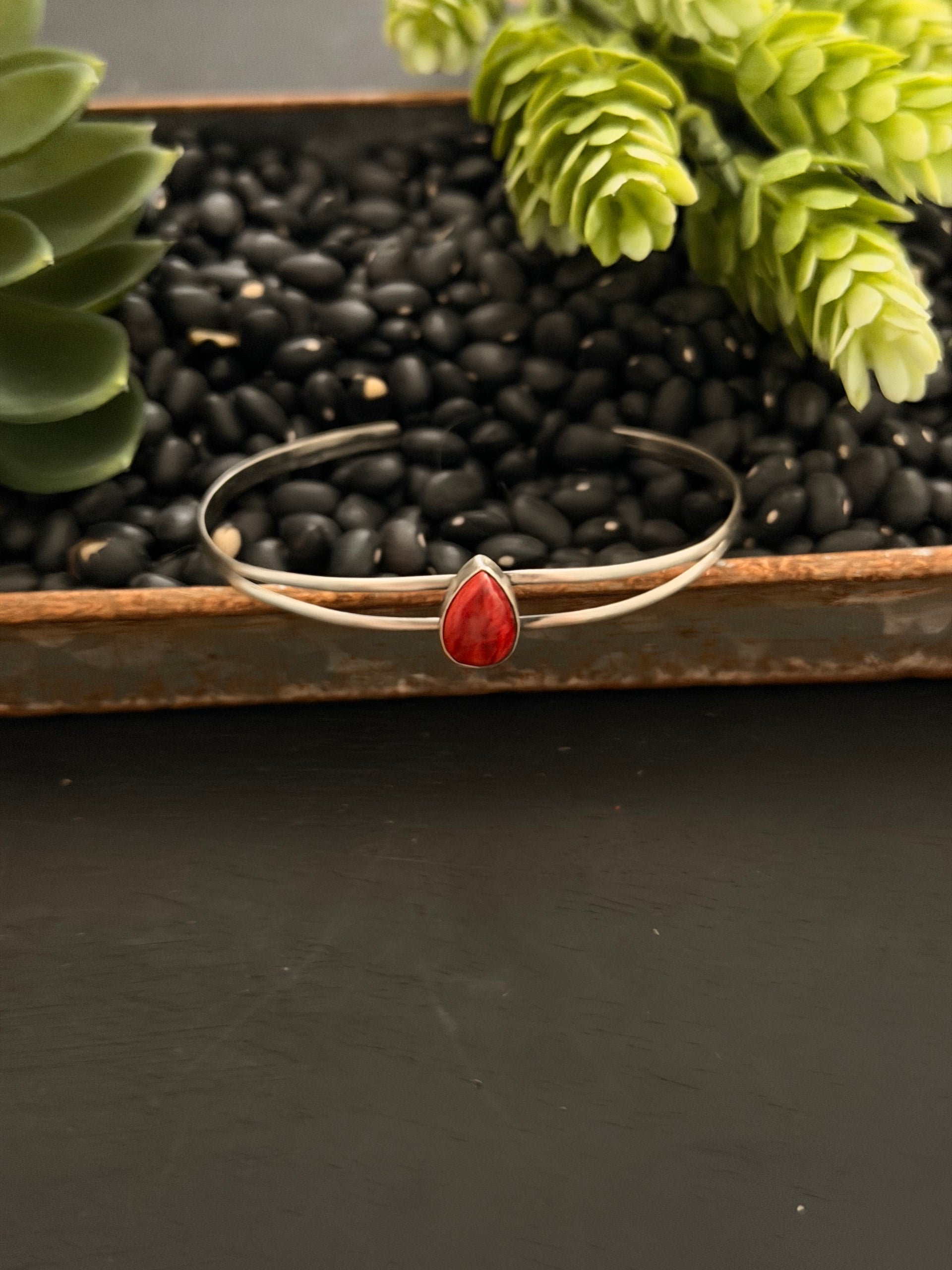 Navajo Made Red Spiny Oyster & Sterling Silver Cuff Bracelet