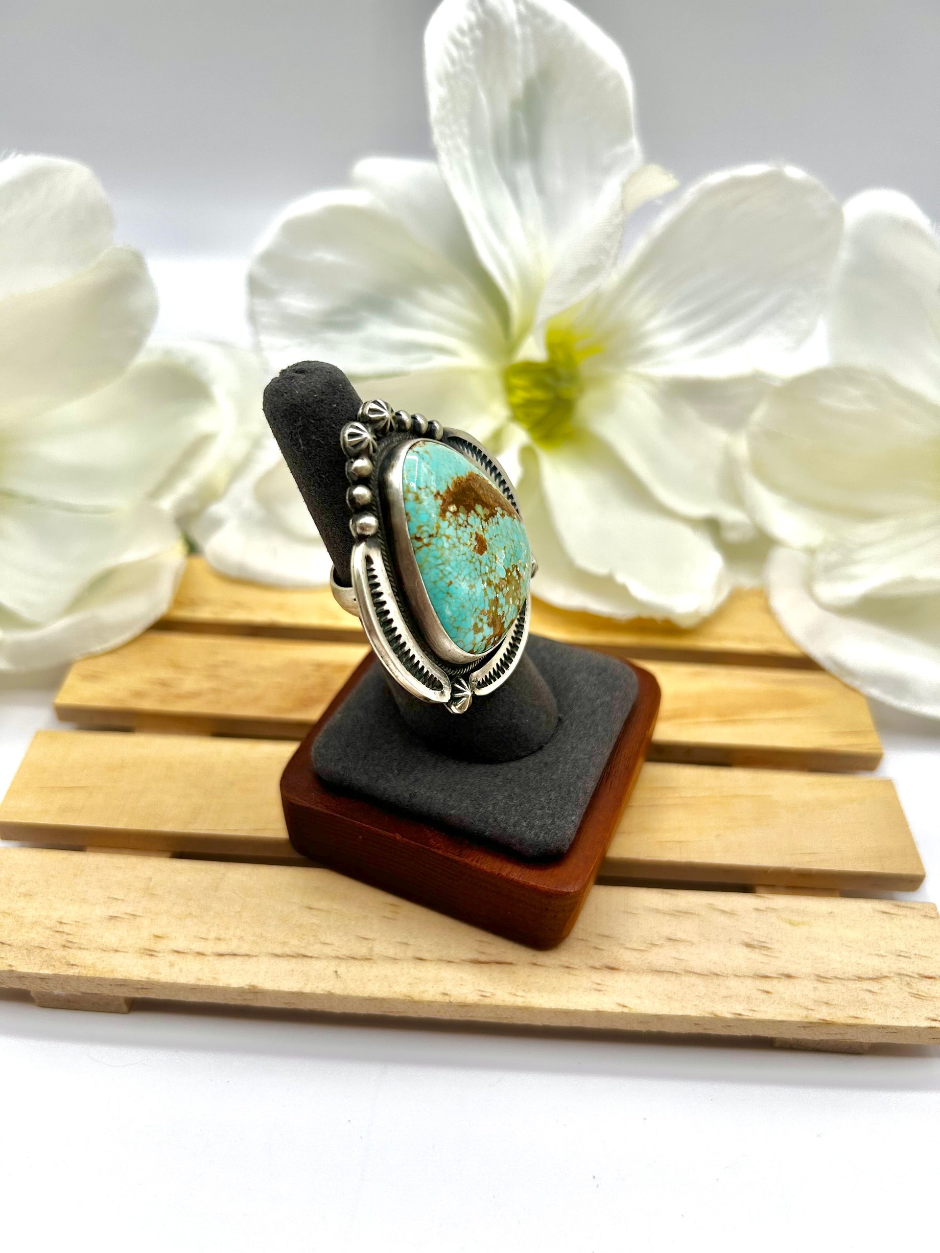 Navajo Made #8 Turquoise & Sterling Silver Ring Size 6.75