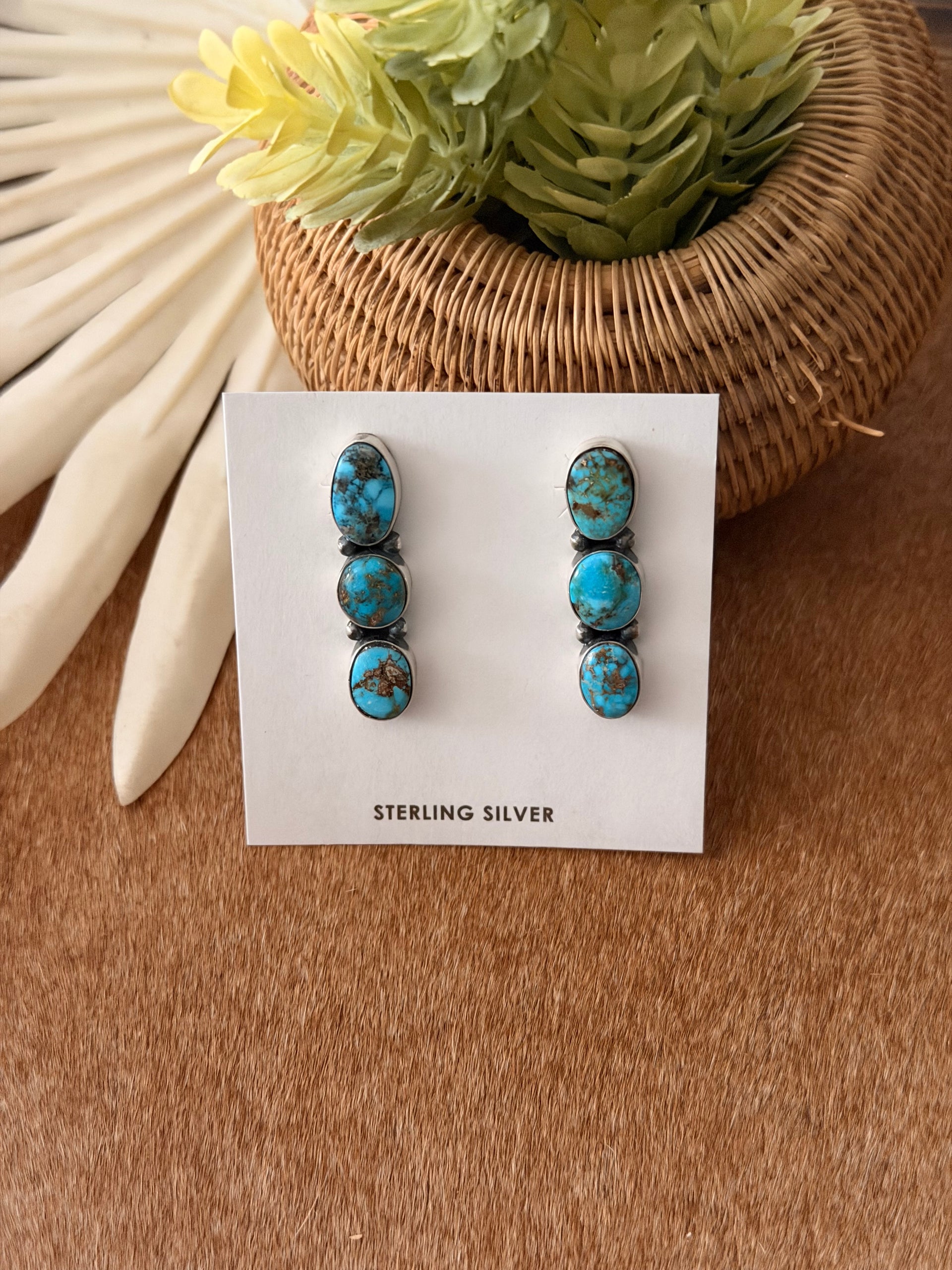 Dave Skeets Kingman Turquoise & Sterling Silver Post Dangle Earrings