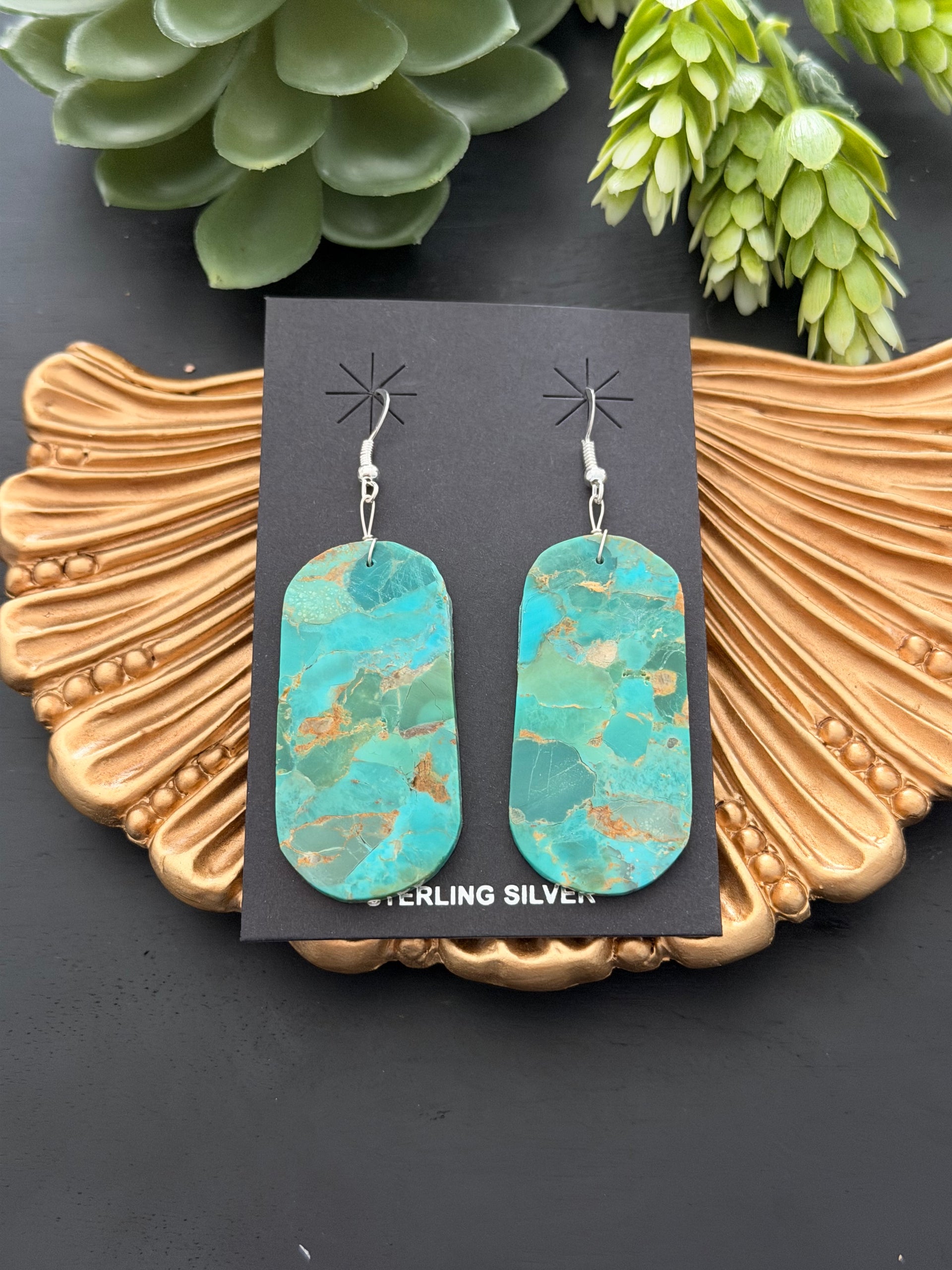 Navajo Made Mohave Turquoise & Sterling Silver Slab Dangle Earrings