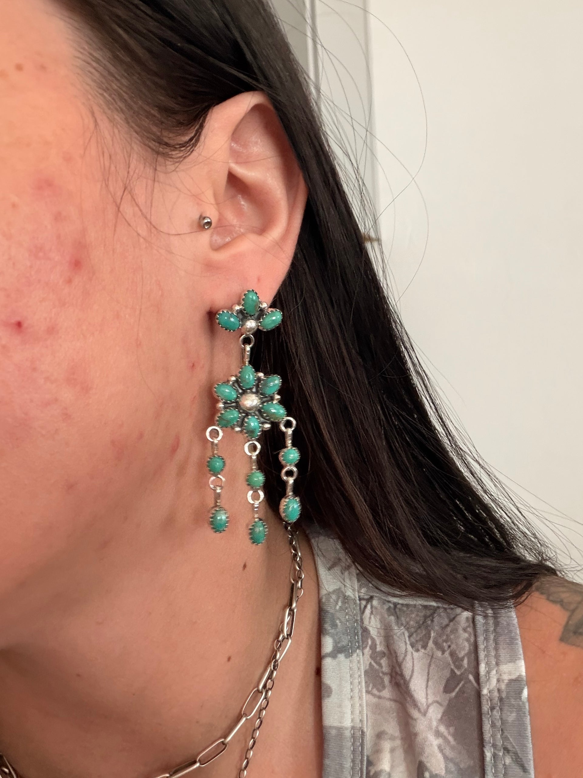 Navajo Made Red Skin Turquoise & Sterling Silver Post Dangle Cluster Earrings