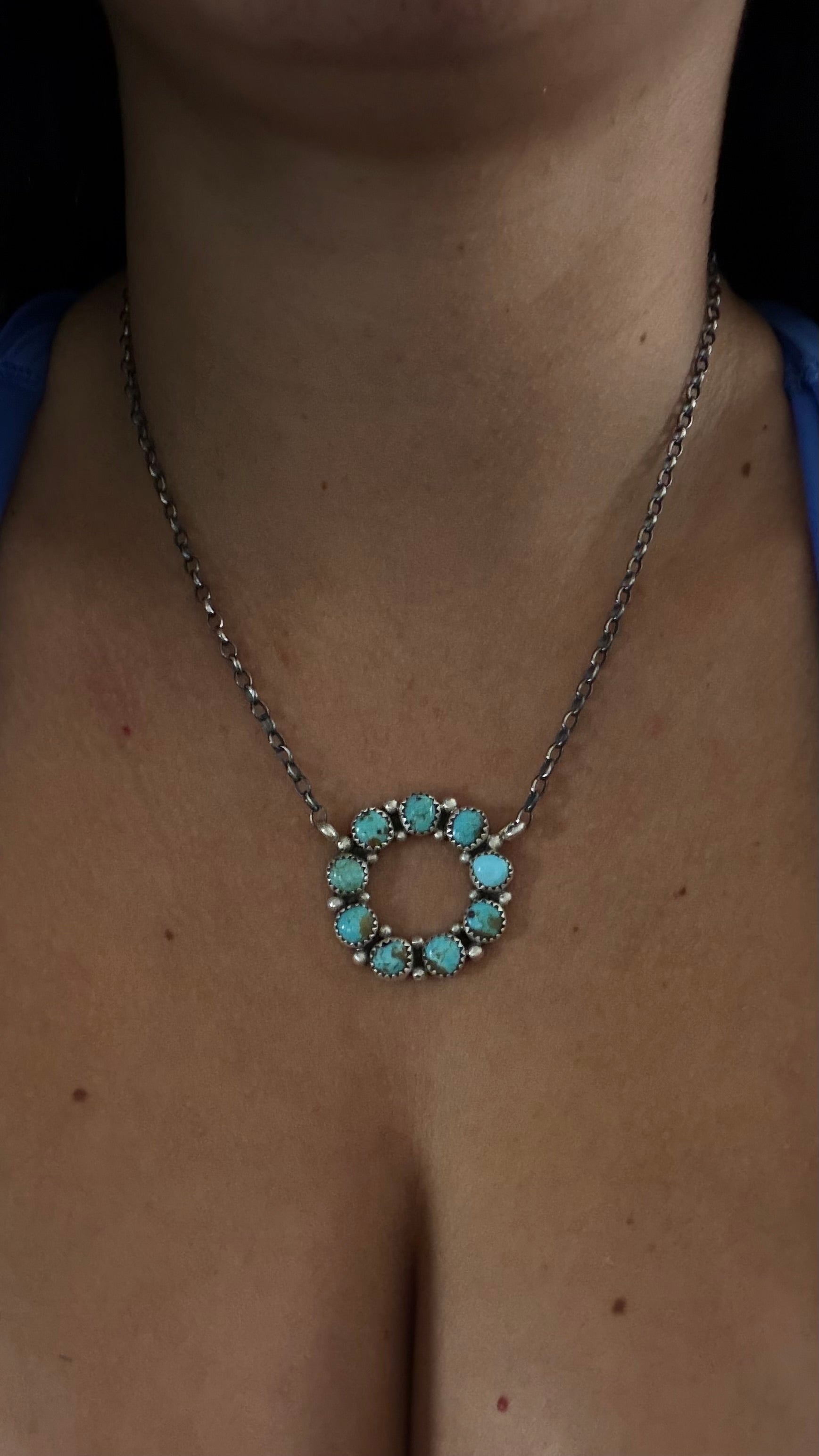 Navajo Made Kingman Turquoise & Sterling Silver Cluster Necklace