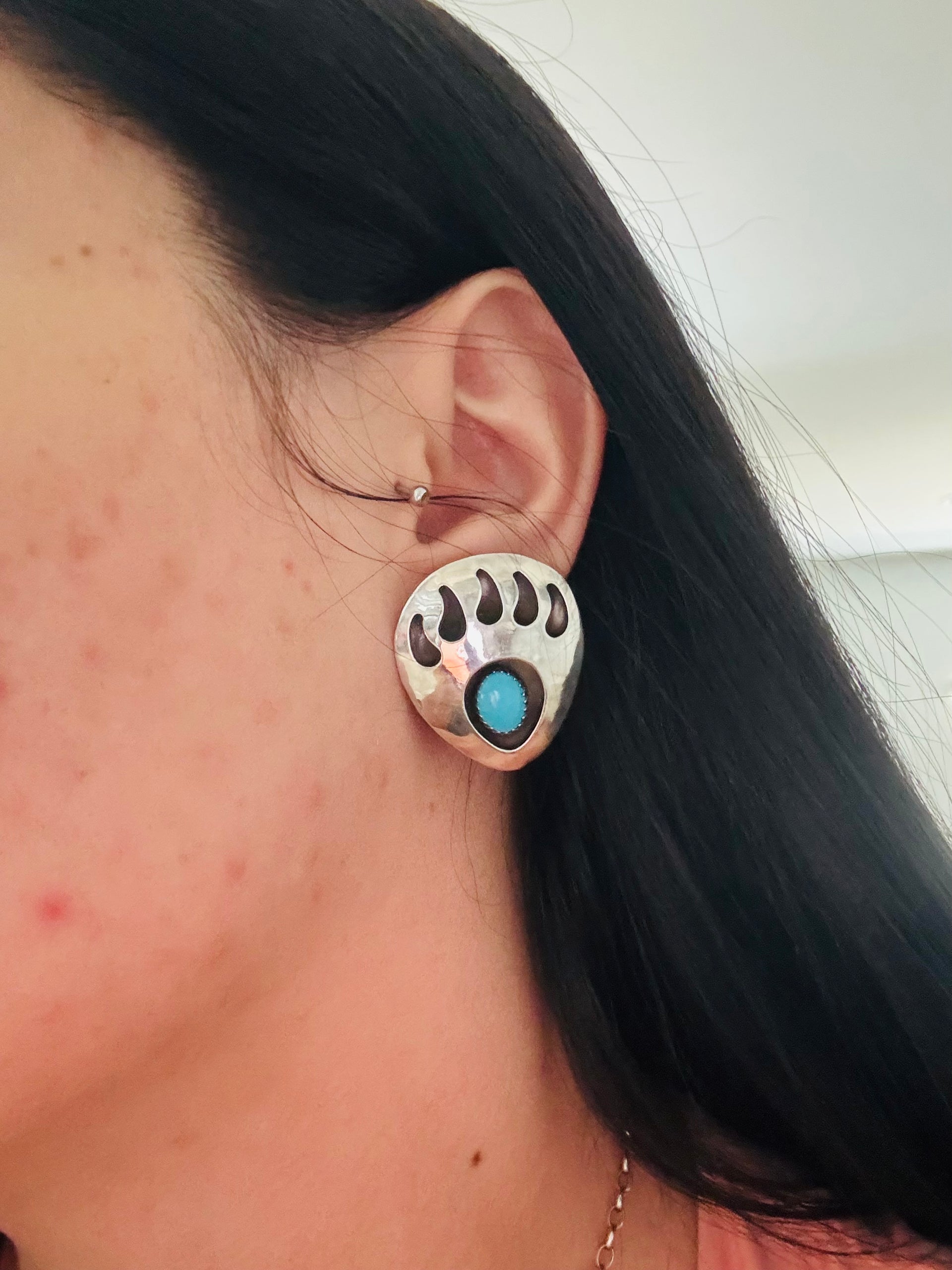 Navajo Made Kingman Turquoise & Sterling Silver Post Dangle Earrings