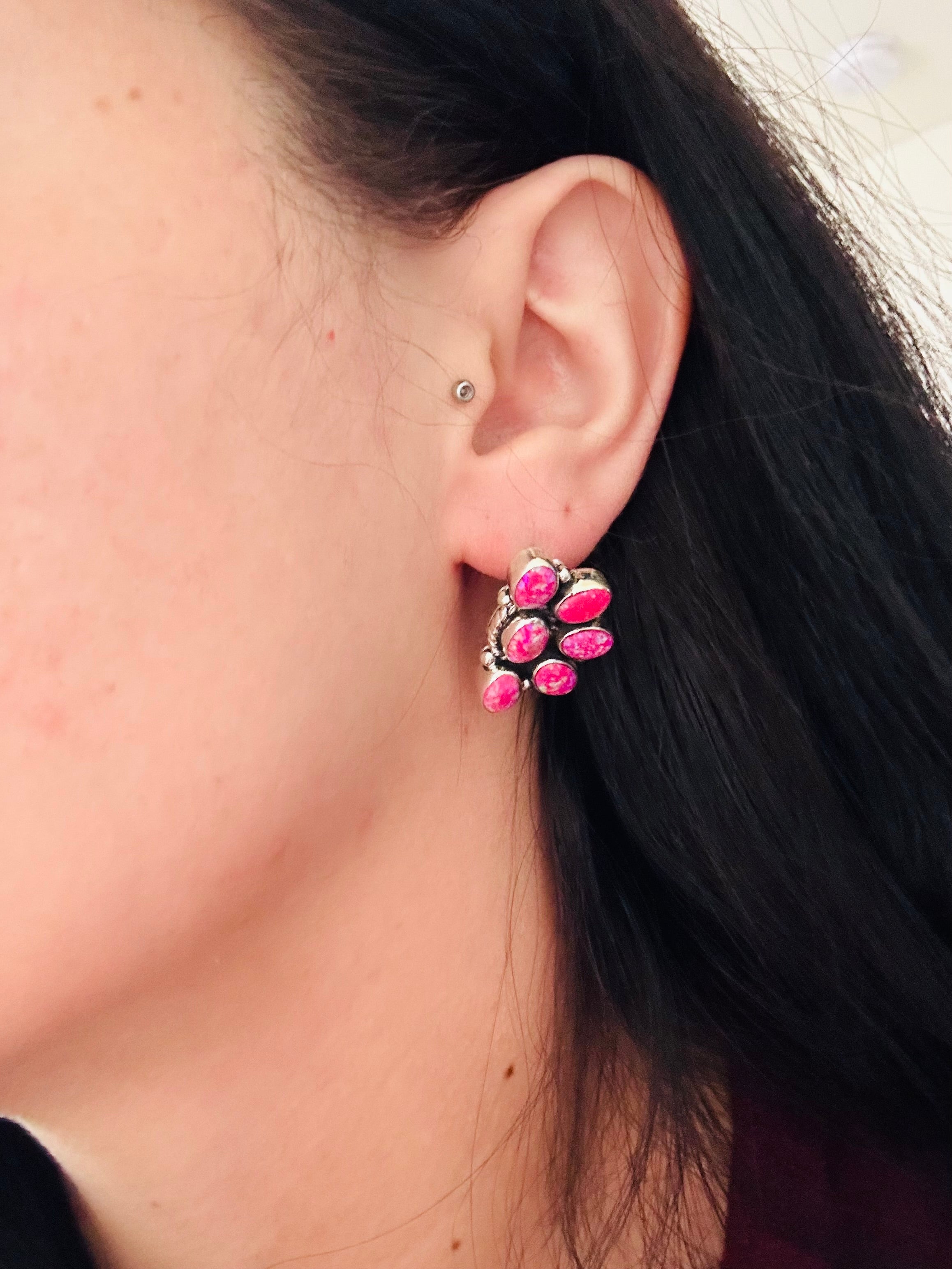 Southwest Handmade Pink Opal & Sterling Silver Post Cluster Earrings