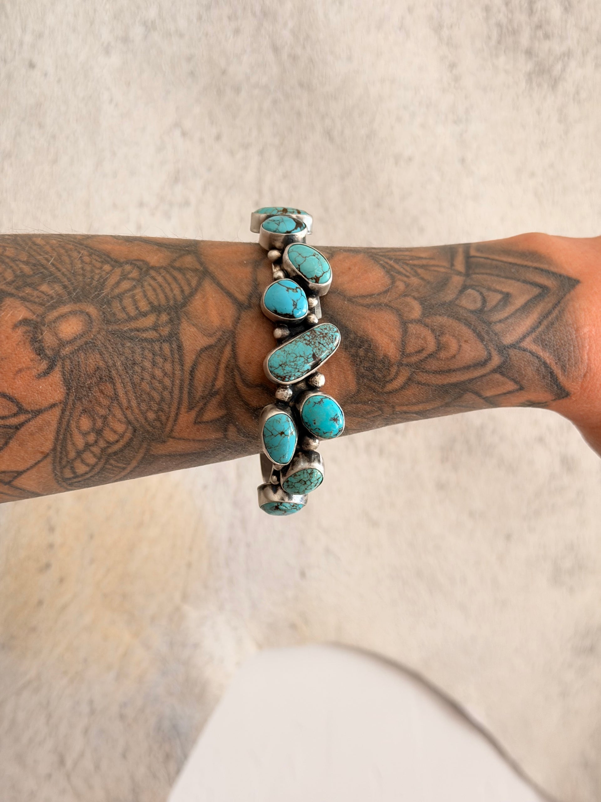 Bobby Johnson Mine 8 Turquoise & Sterling Silver Cluster Cuff Bracelet