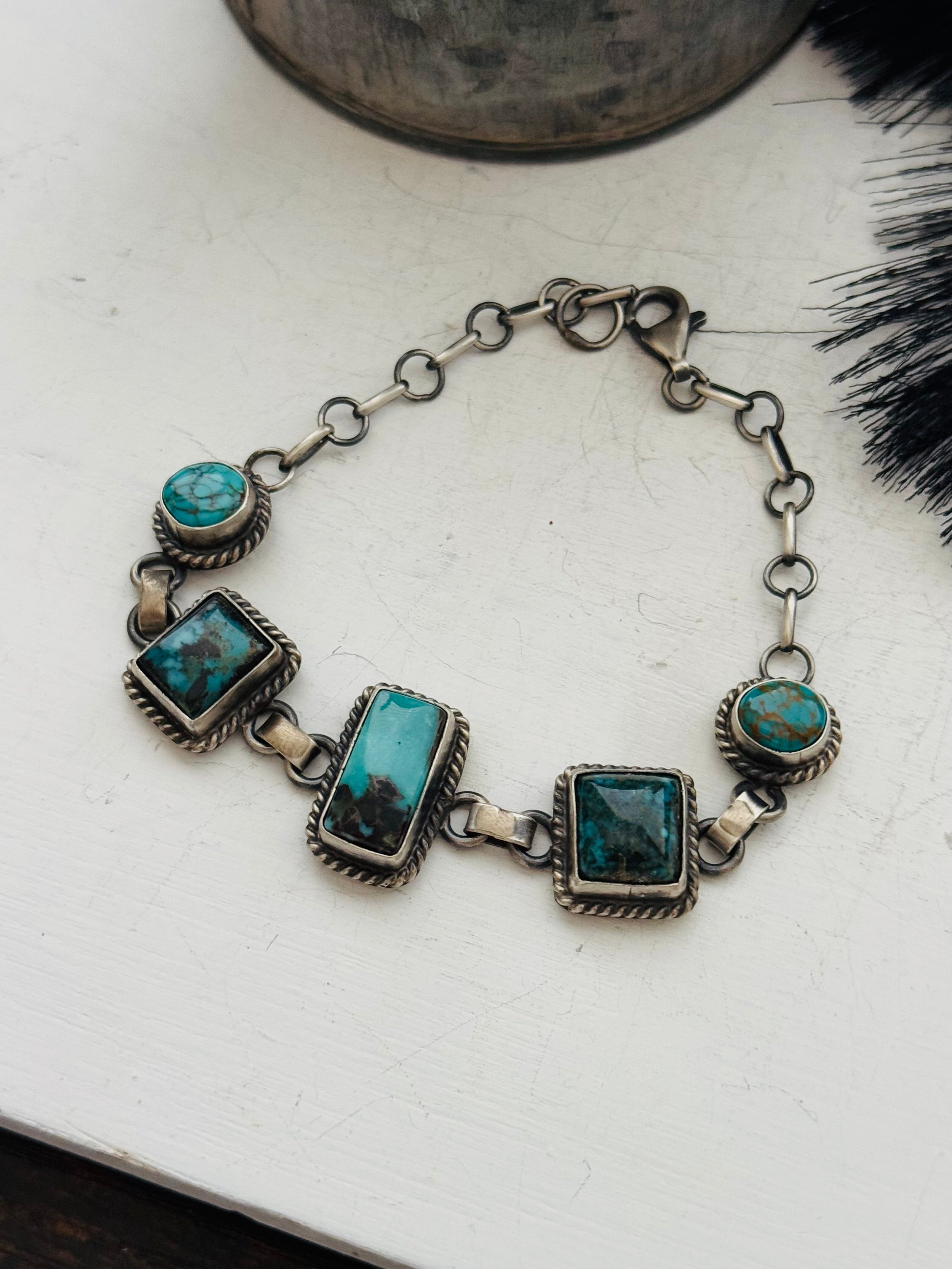 Navajo Made Thunder Mountain Turquoise & Sterling Silver Link Bracelet