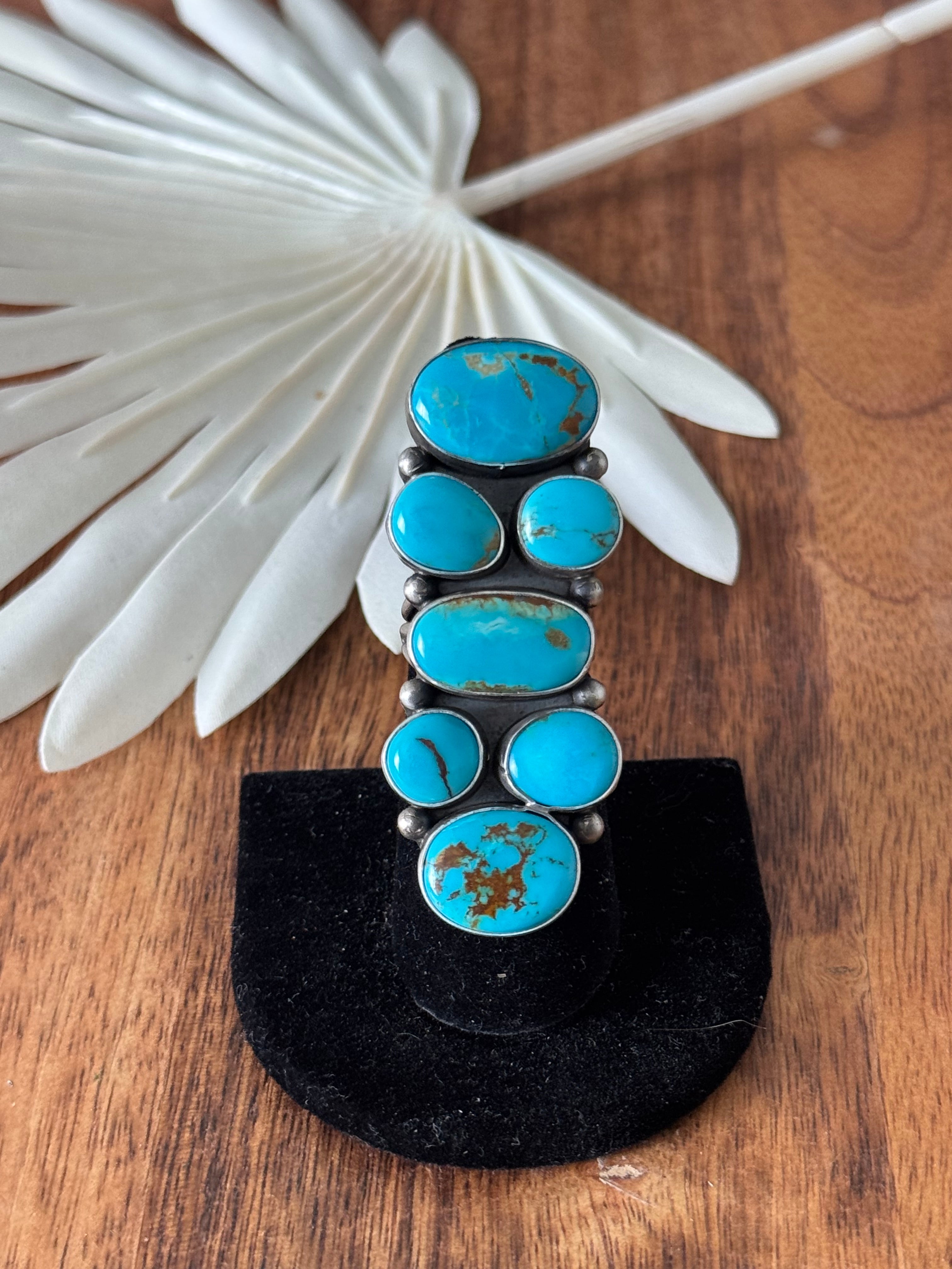 Navajo Made Royston Turquoise & Sterling Silver Cluster Ring Size 6.5