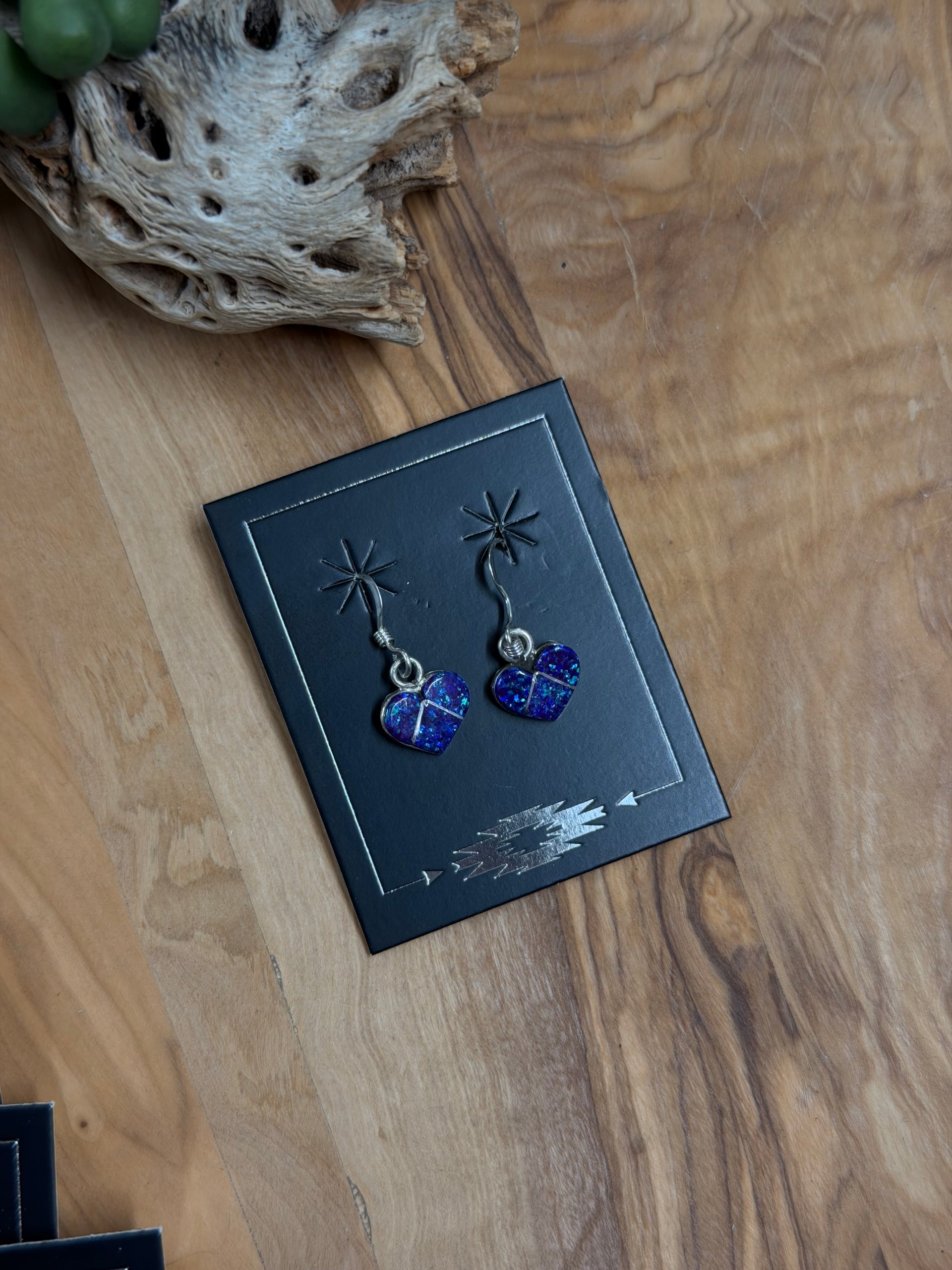 Zuni Made Opal (Man Made) & Sterling Silver Dangle Heart Earrings