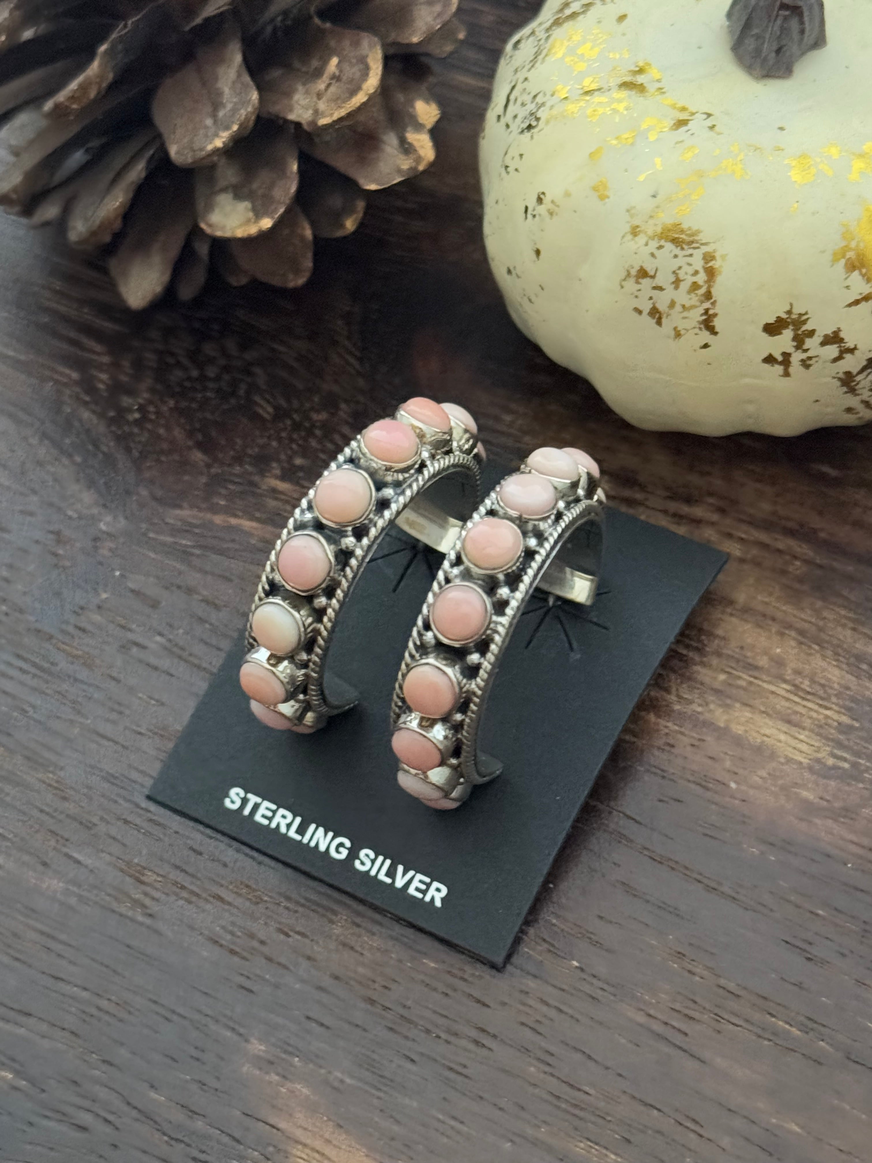 Navajo Made Pink Conch & Sterling Silver Hoop Earrings