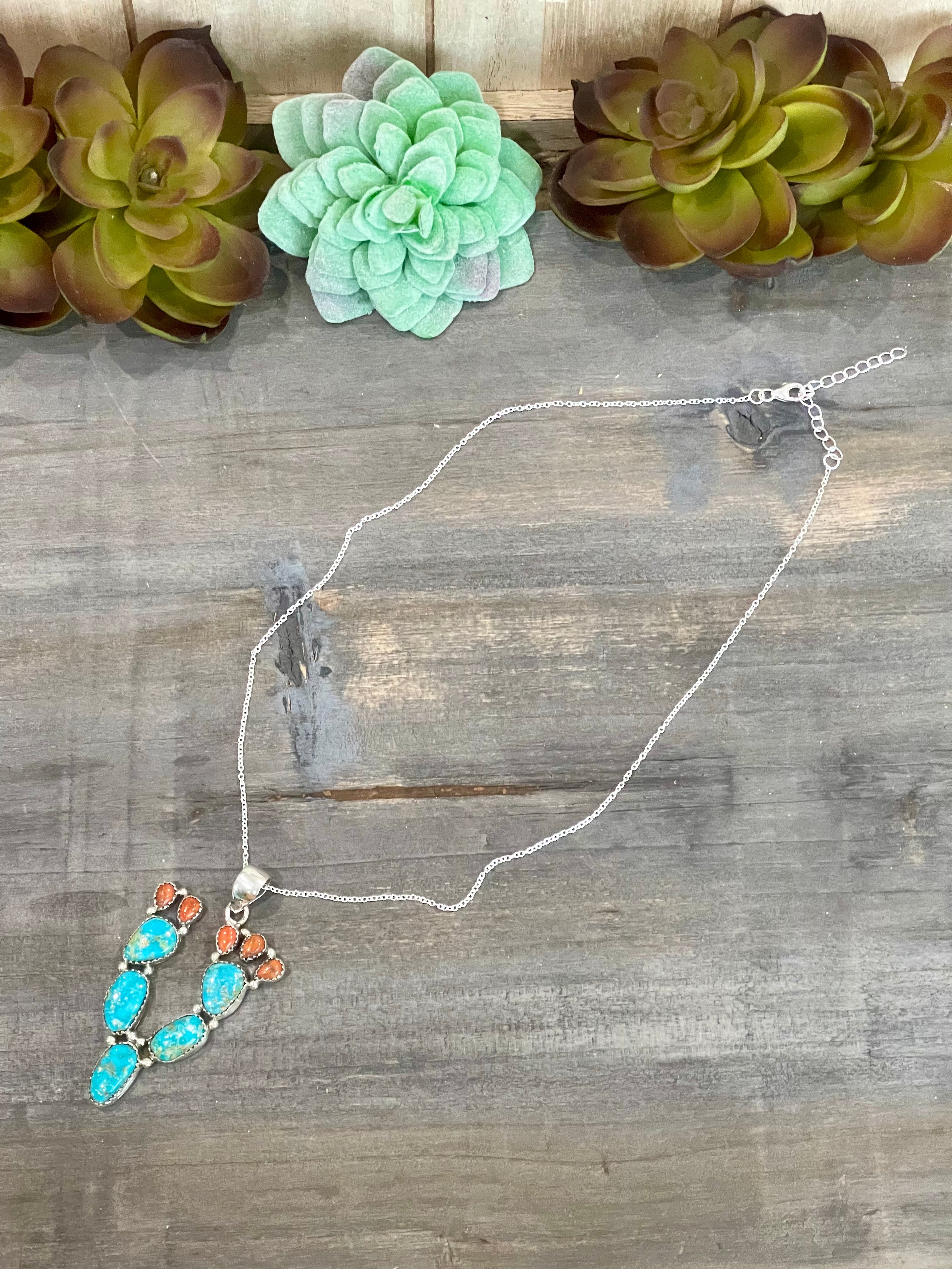 Southwest Handmade Sonoran Mountain Turquoise & Sterling Silver Prickly Pear  Necklace