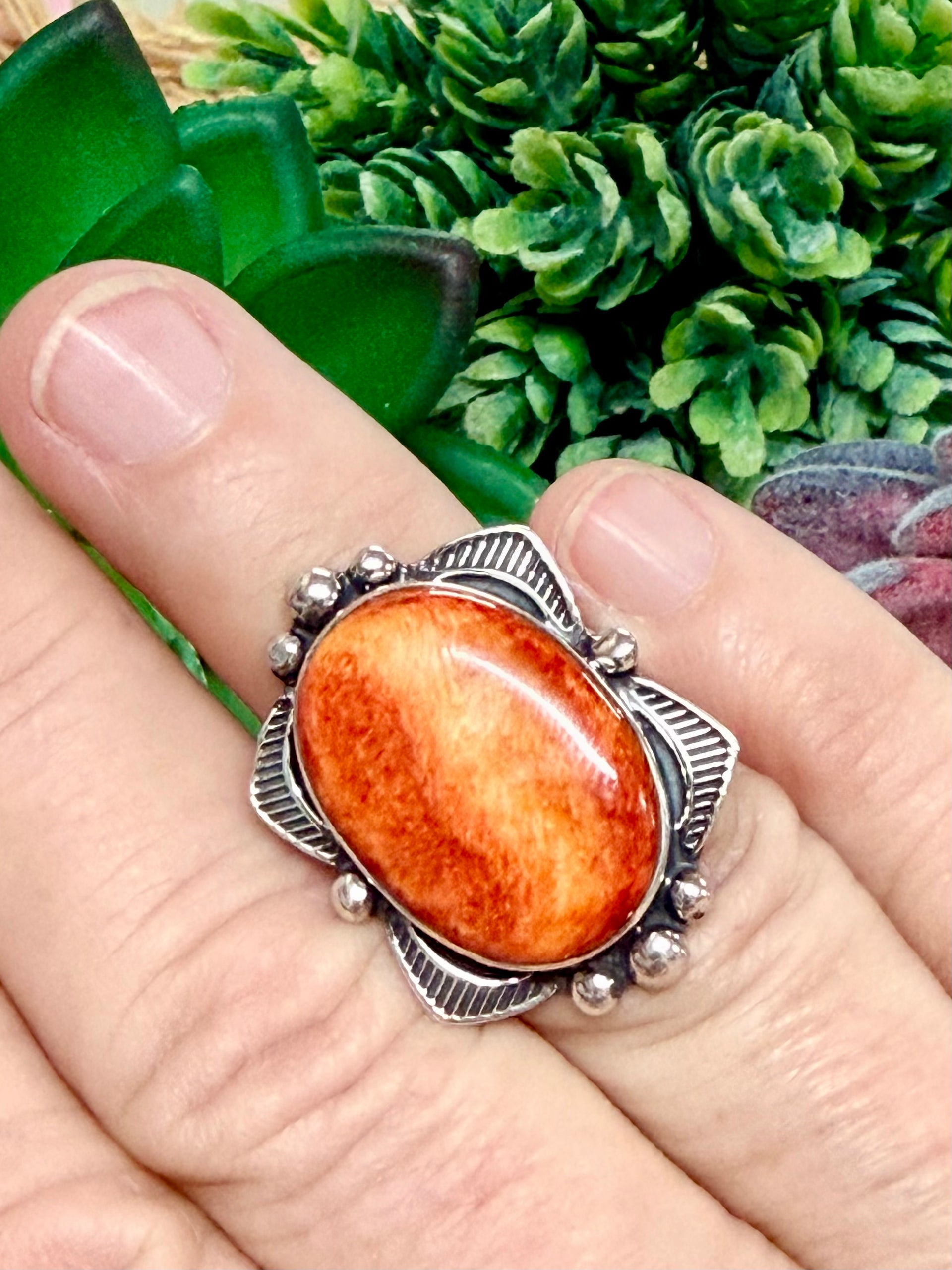 Southwest Handmade Spiny Oyster & Sterling Silver Ring Size 6.25