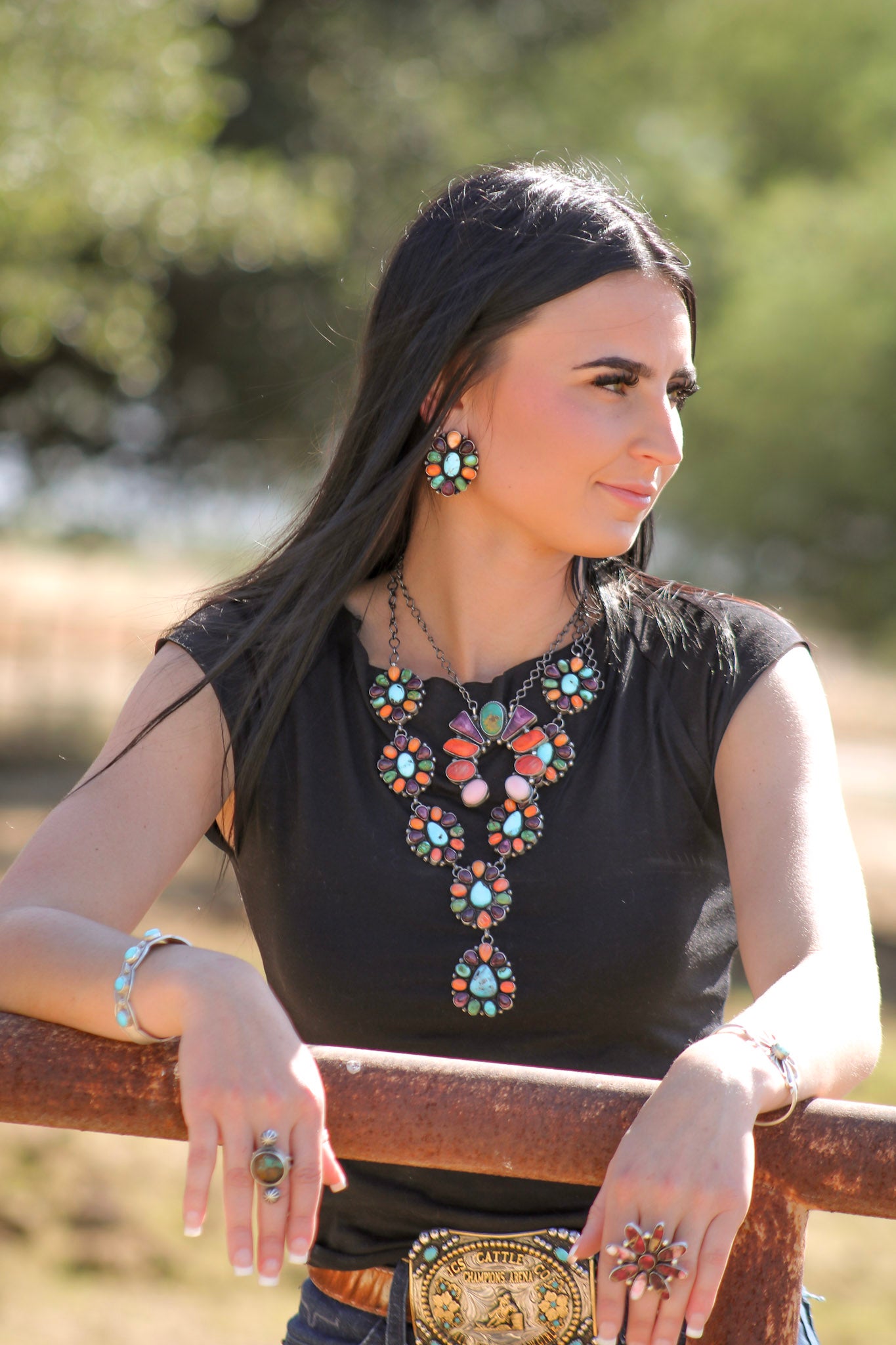 Antionette Martinez Multi Stone & Sterling Silver Cluster Lariat Necklace Set