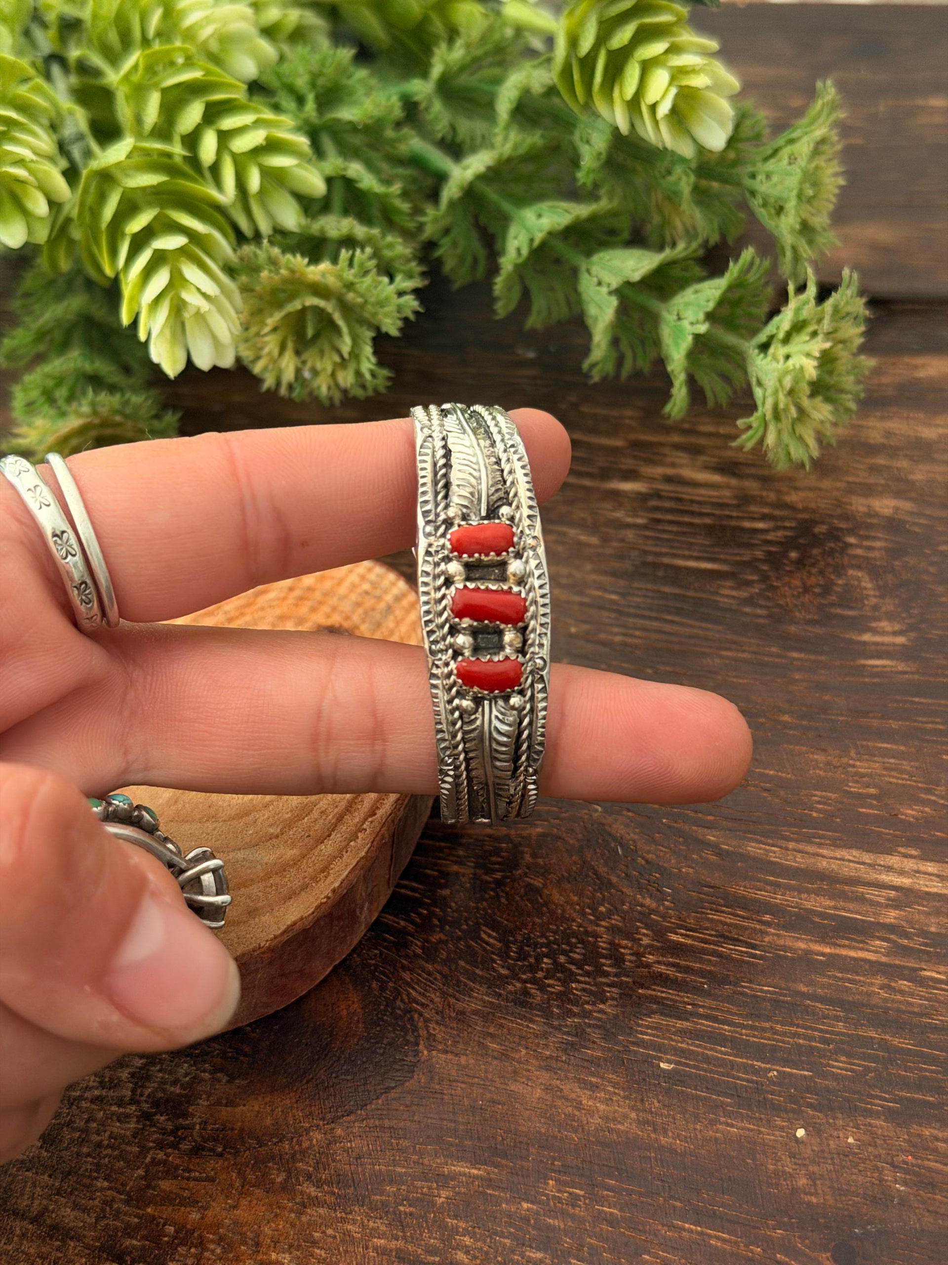 Navajo Made Red Coral & Sterling Silver Baby Cuff Bracelet