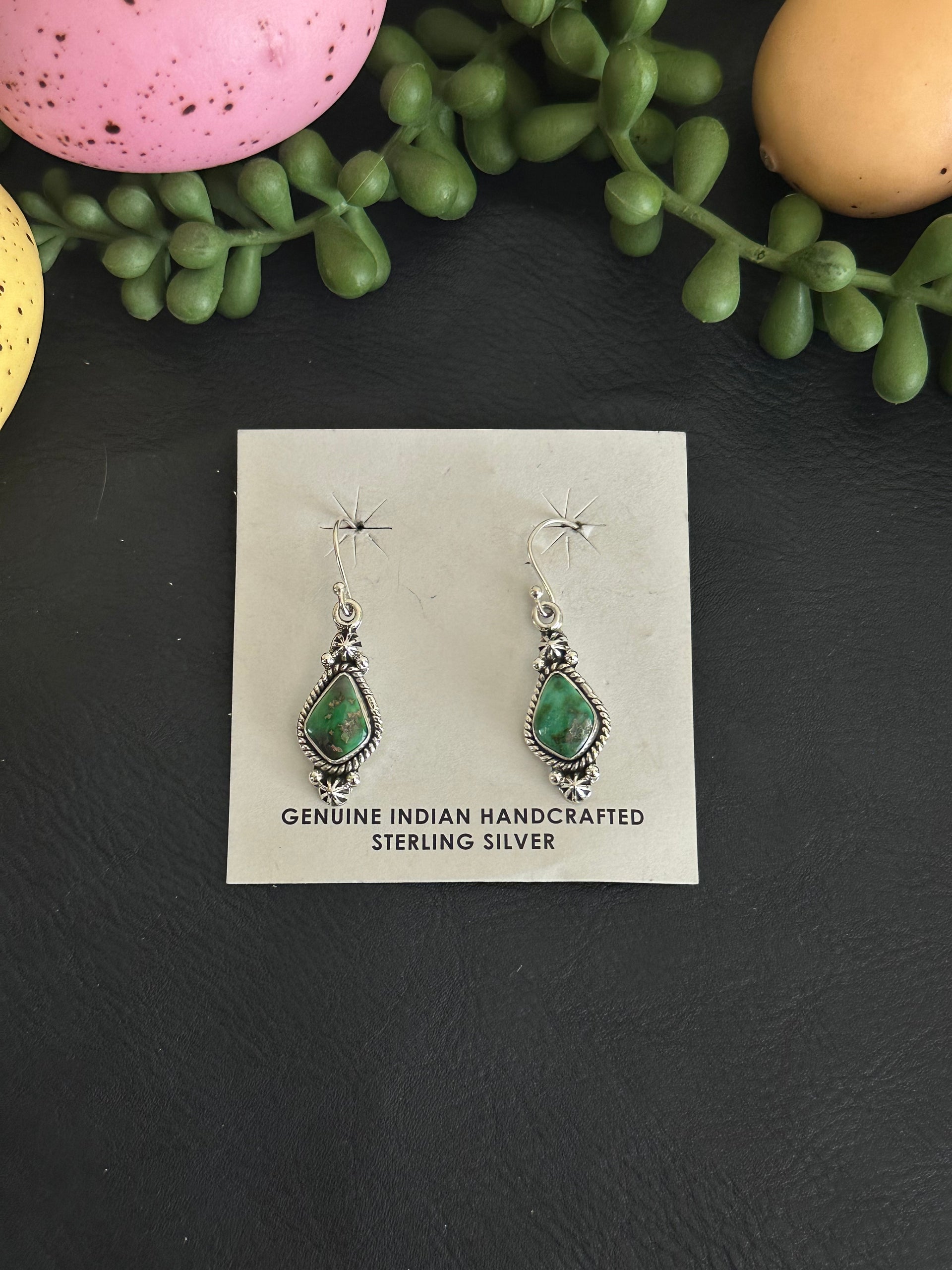 Southwest Handmade Sonoran Gold Turquoise & Sterling Silver Dangle Earrings