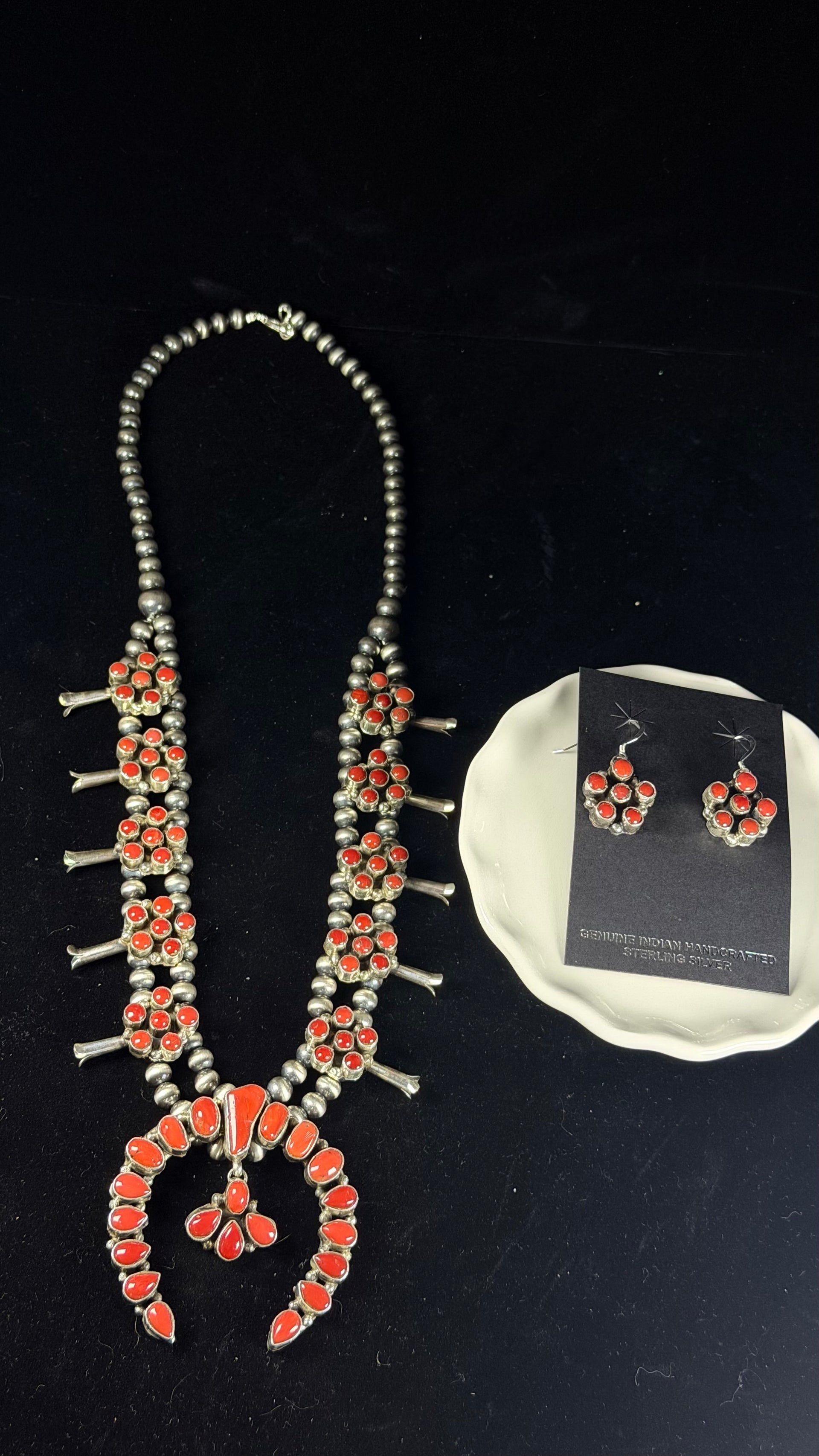 Navajo Made Mediterranean Coral and Sterling Silver Squash Blossom Cluster Necklace Set