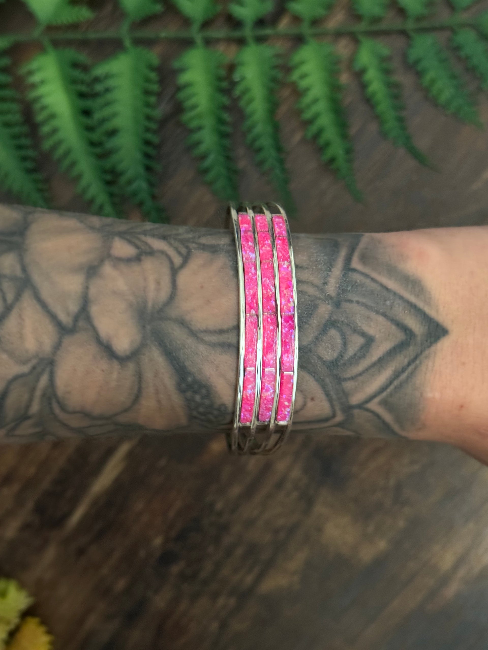 Navajo Made Pink Opal (Man-Made) & Sterling Silver Cuff Bracelet