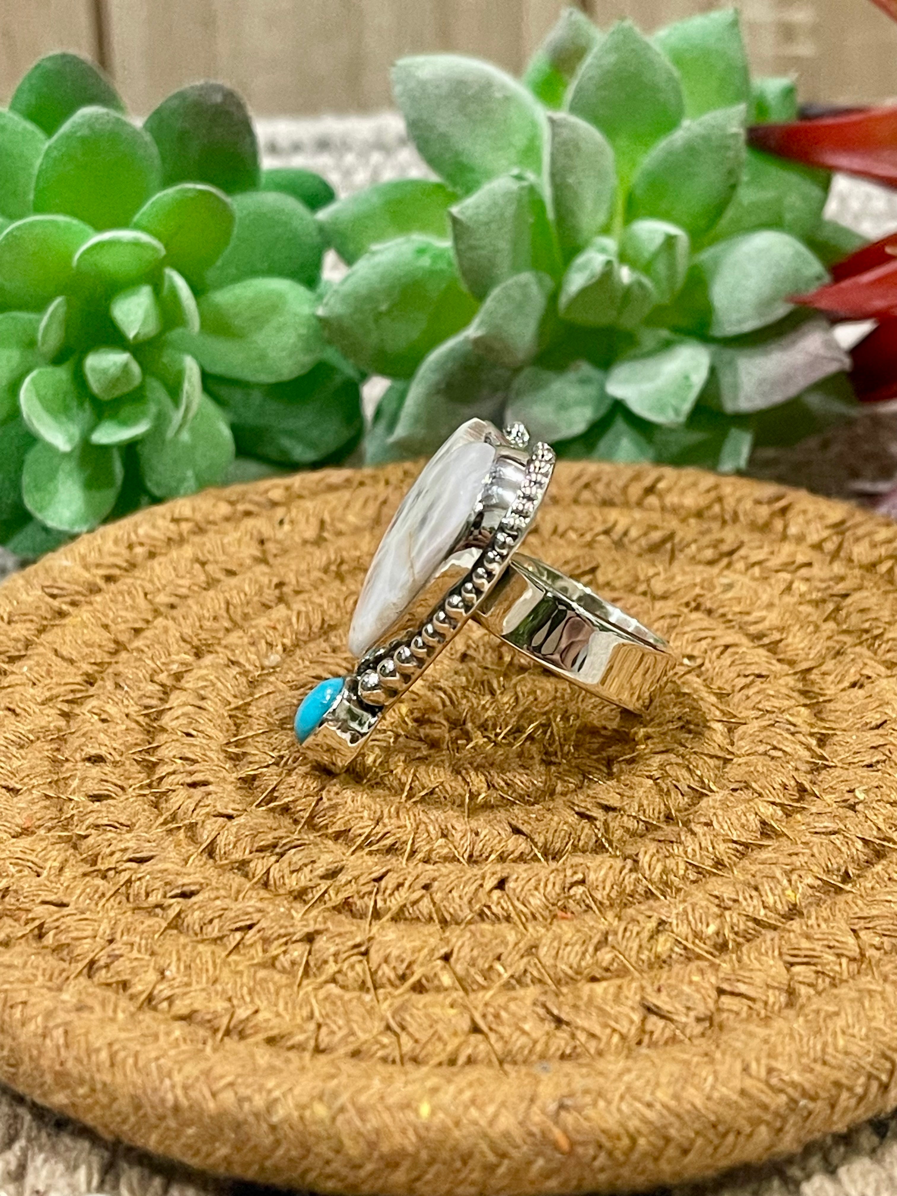 Southwest Handmade Pink Larimar With Kingman Turquoise & Sterling Silver Adjustable Ring