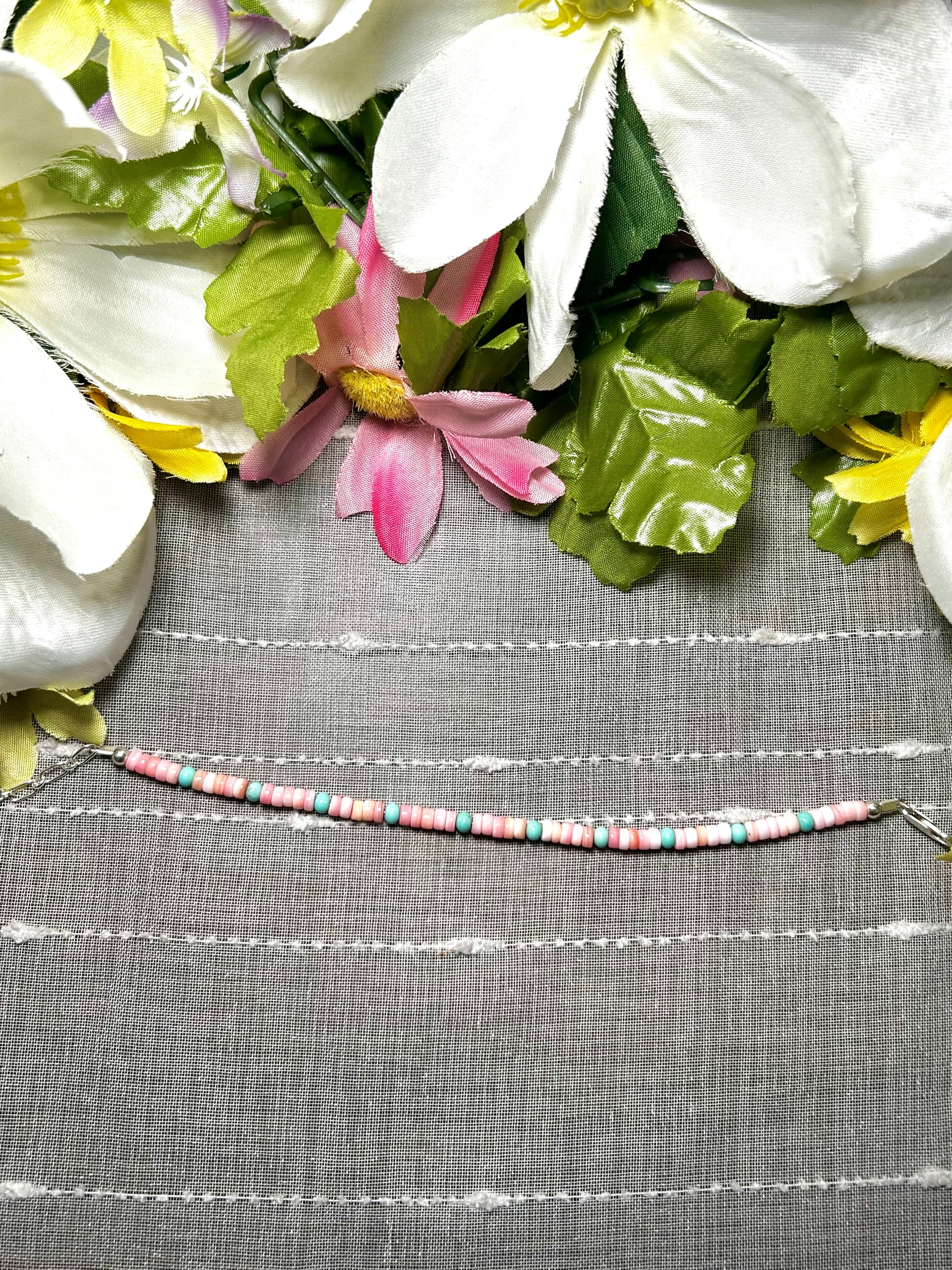 Navajo Made Strung Multi Stone & Sterling Silver Link Bracelet