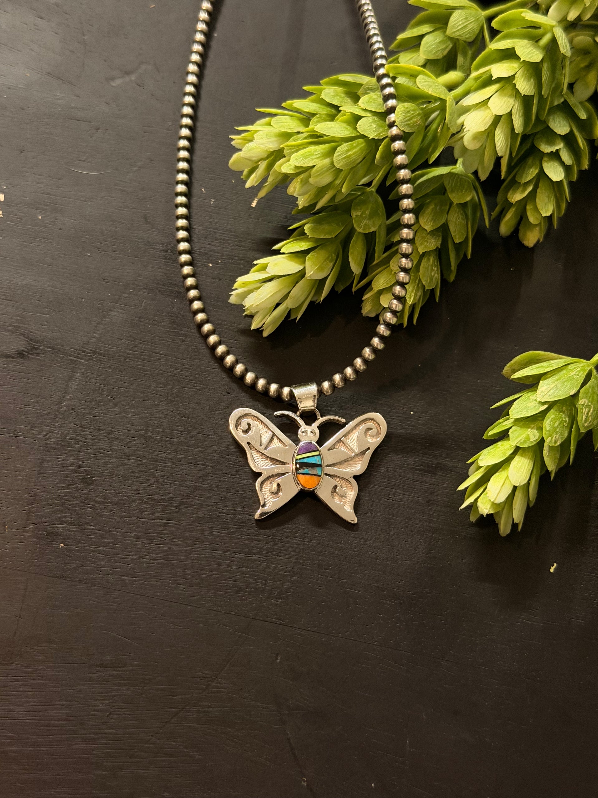 Navajo Made Multi Stone & Sterling Silver Inlay Butterfly Pendant