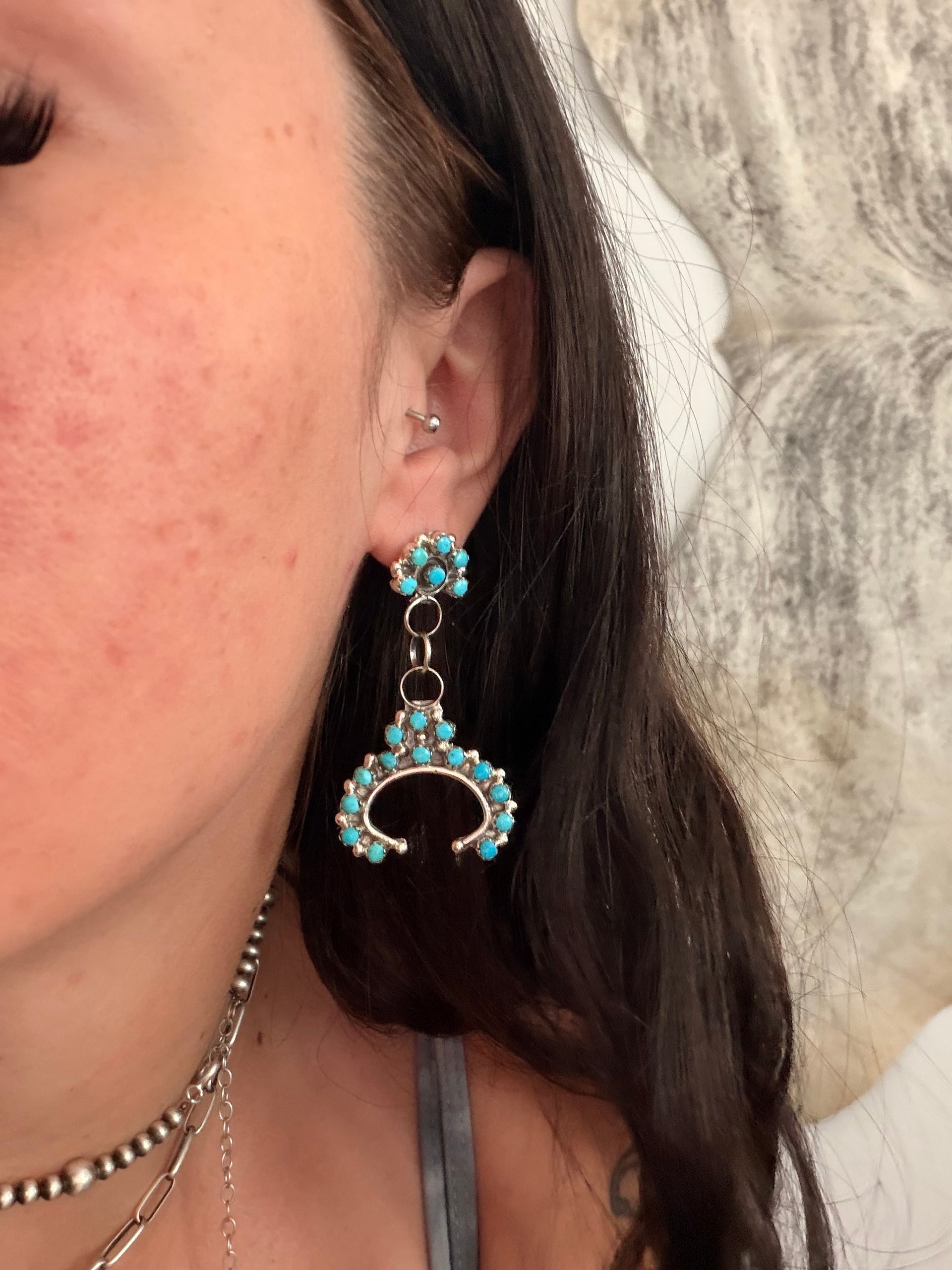 Joan Cheama Kingman Turquoise & Sterling Silver Post Dangle Earrings