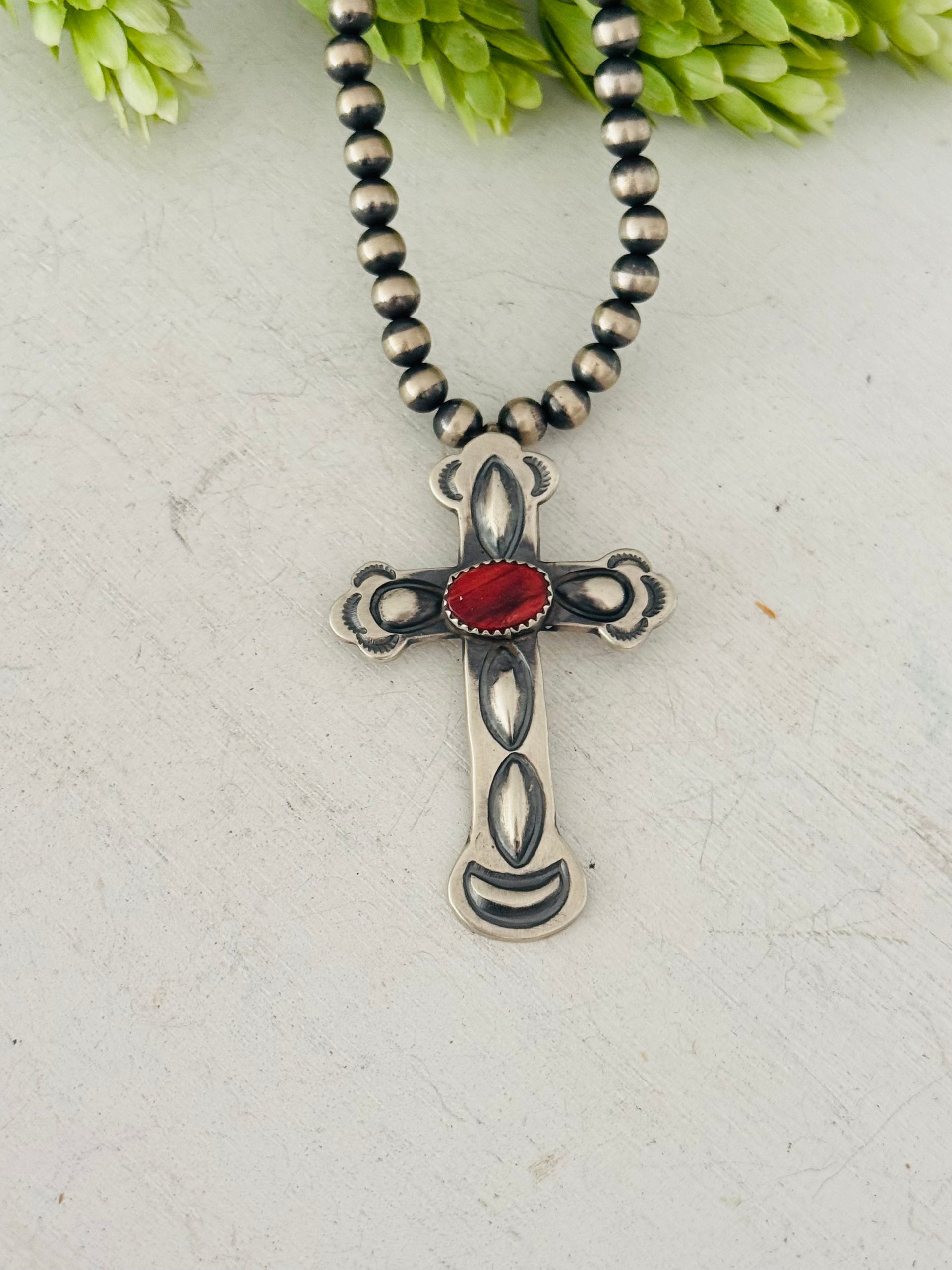Navajo Made Red Spiny Oyster & Sterling Silver Cross Pendant