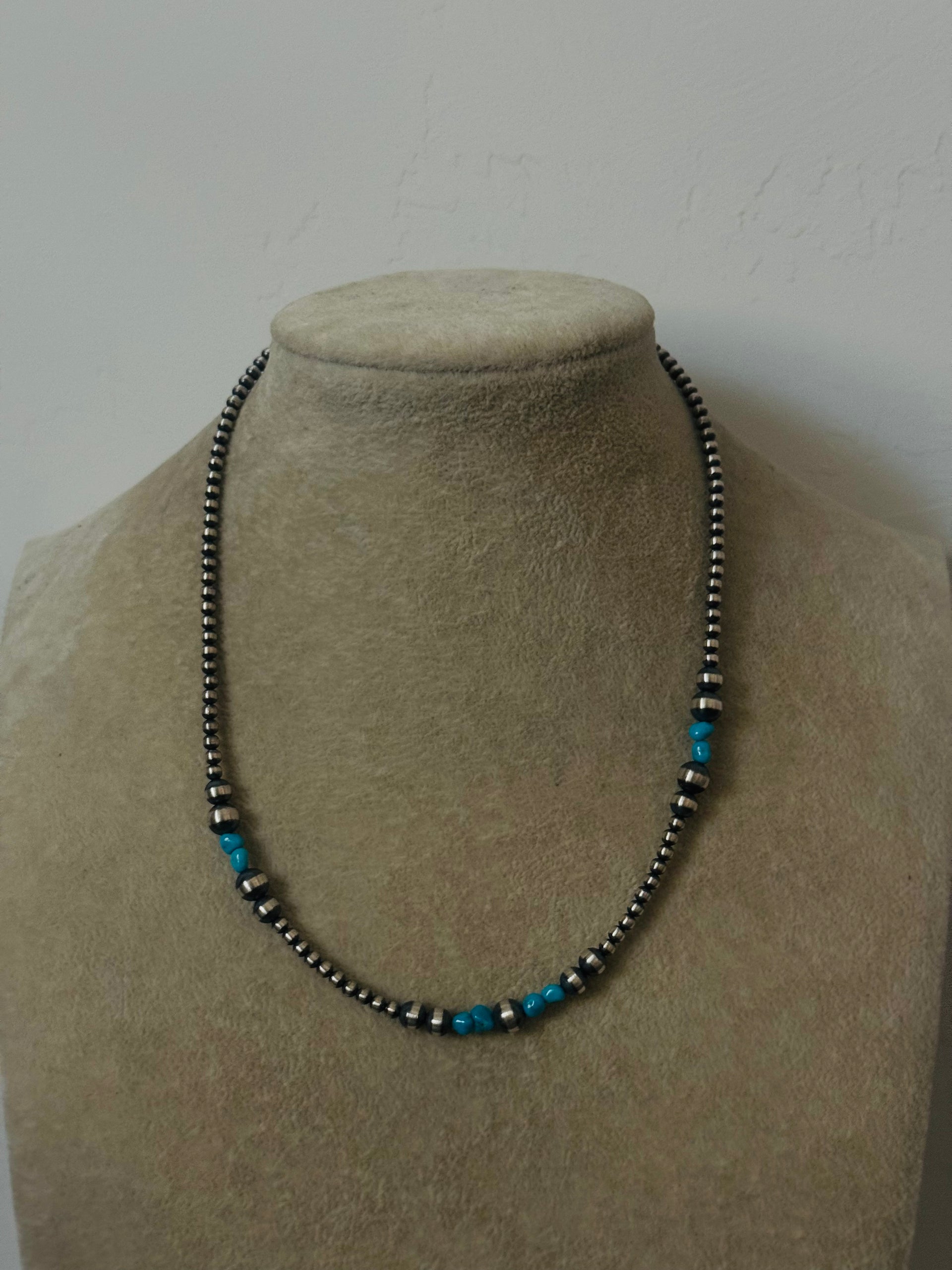 Navajo Strung Kingman Turquoise & Sterling Silver Graduated Beaded Pearl Necklace