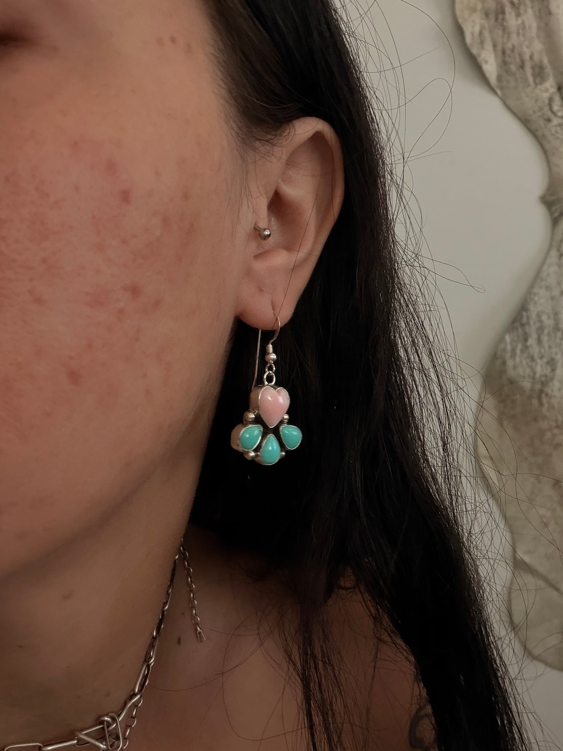 Navajo Made Multi Stone & Sterling Silver Dangle Cluster Earrings