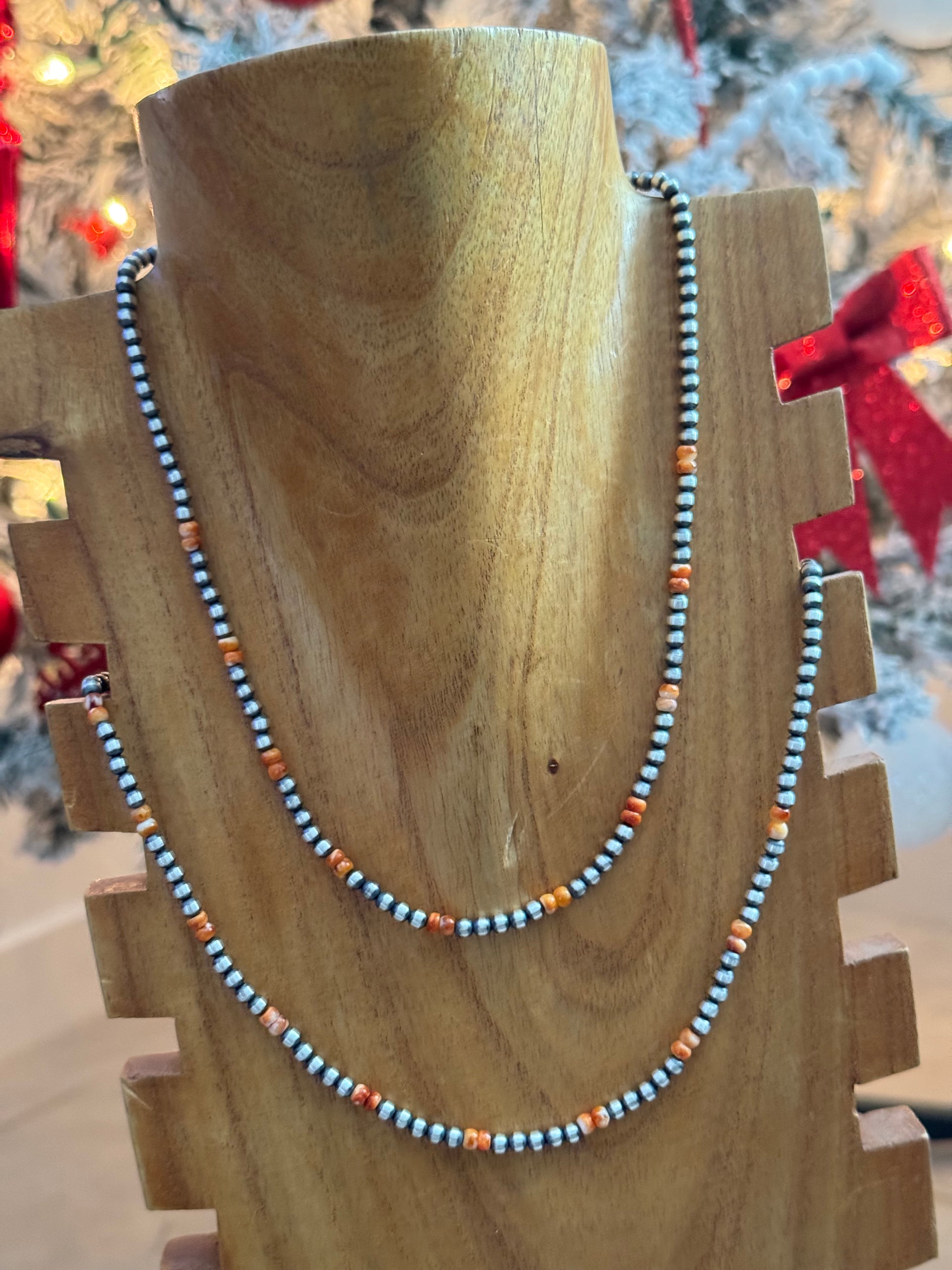 Navajo Strung Red/Orange Spiny Oyster & Sterling Silver Pearl Necklace