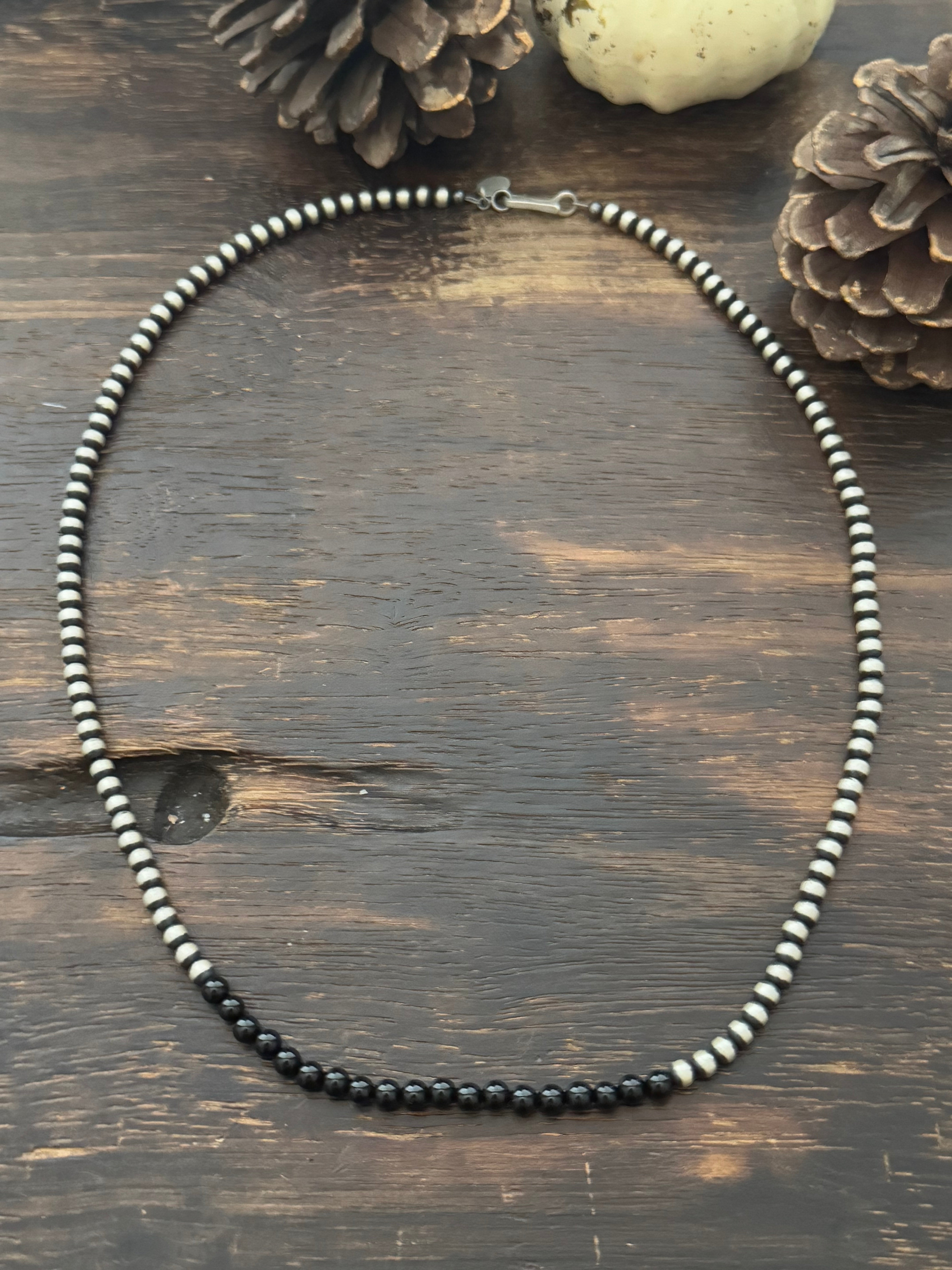 Navajo Strung Onyx & Sterling Silver Pearls Beaded Necklace