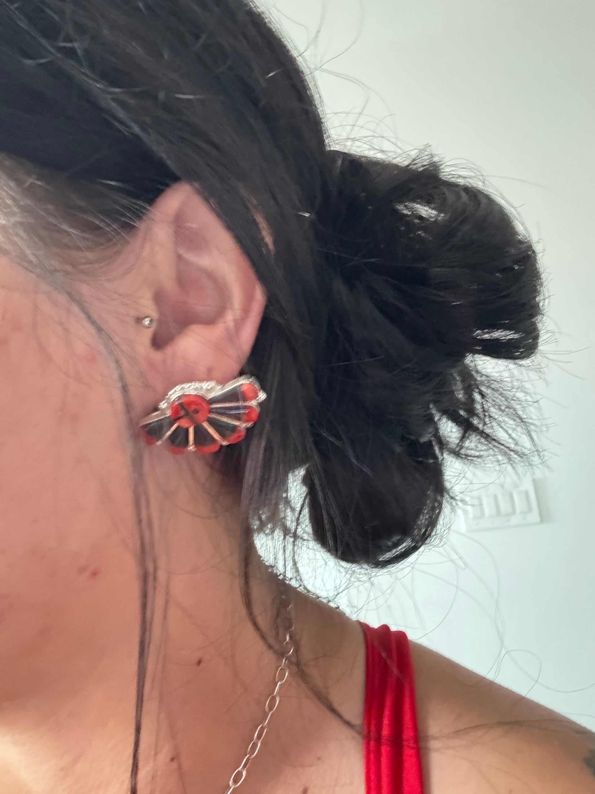 Zuni Made Multi Stone & Sterling Silver Inlay Post Earrings