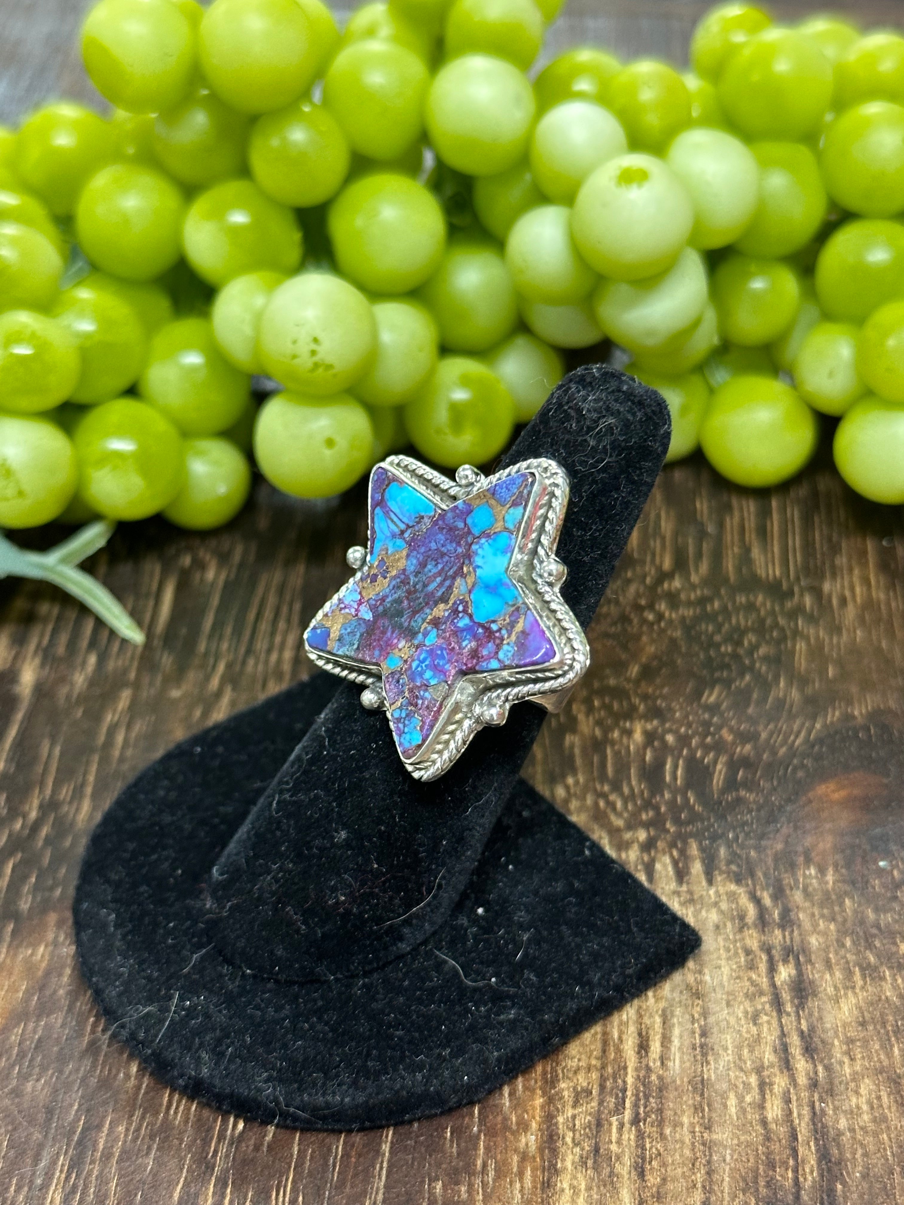 Southwest Handmade Mohave Turquoise & Sterling Silver Adjustable Star Ring