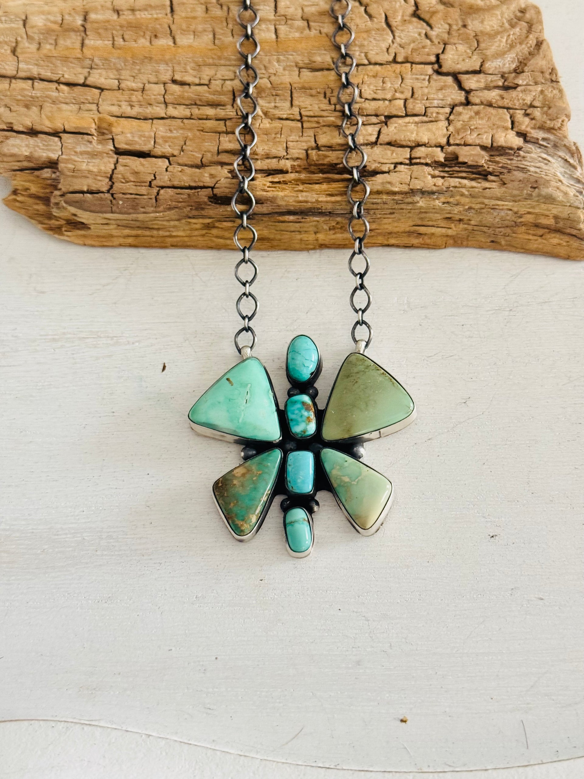 Eli Skeets Royston Turquoise & Sterling Silver Dragonfly Cluster Necklace