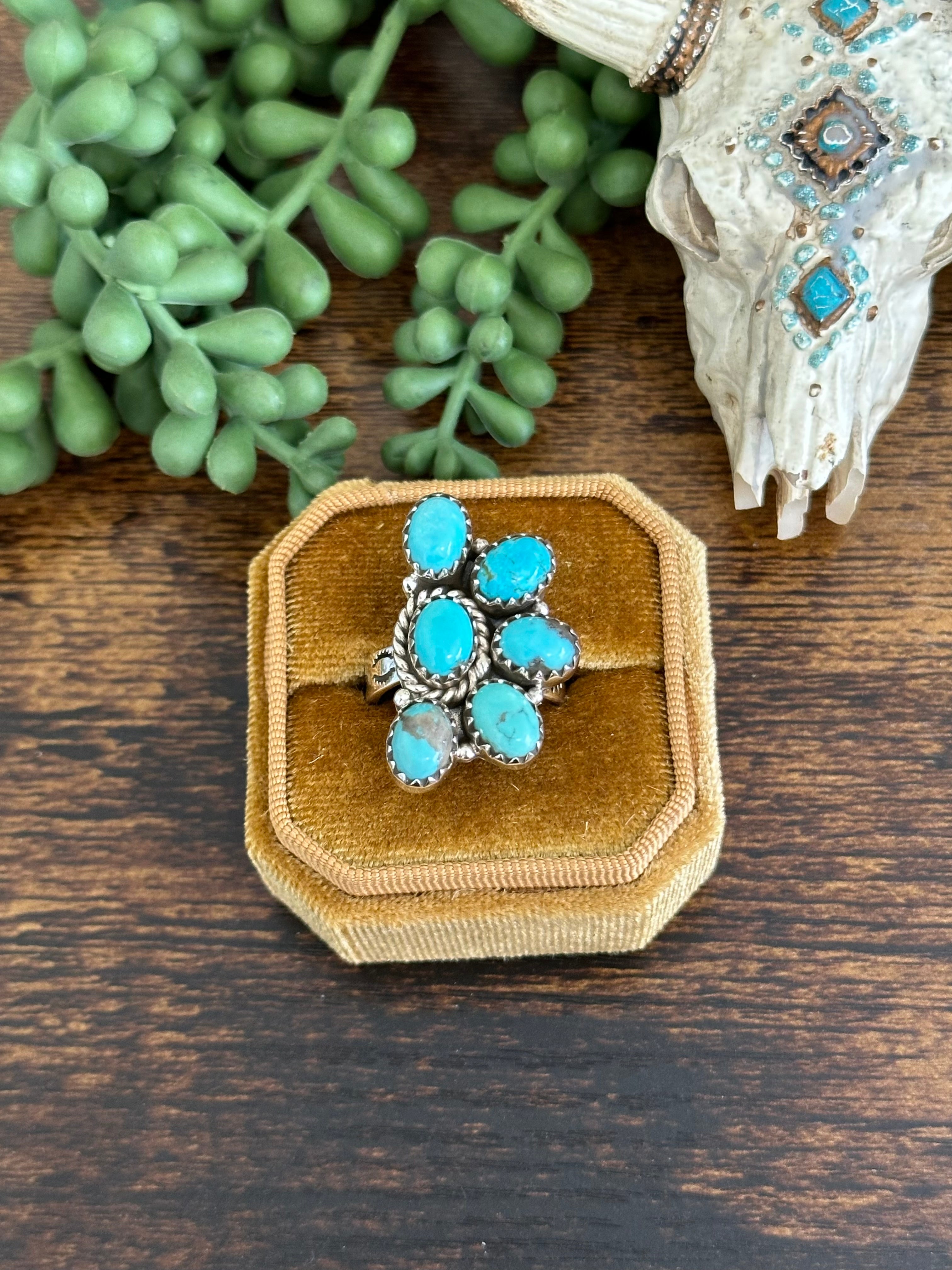 Southwest Handmade Kingman Turquoise & Sterling Silver Adjustable Cluster Ring