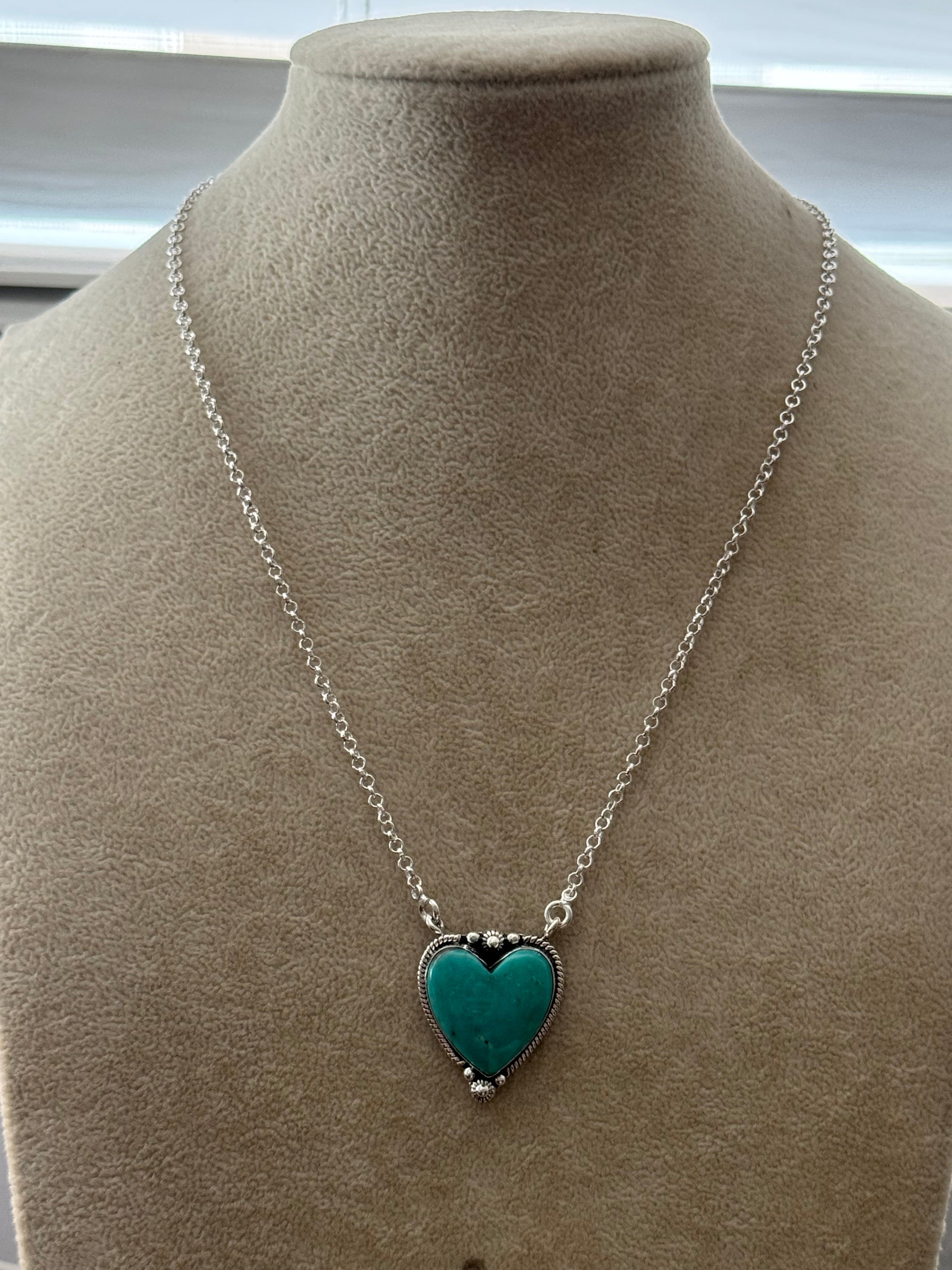Southwest Handmade Kingman Turquoise & Sterling Silver Heart Necklace