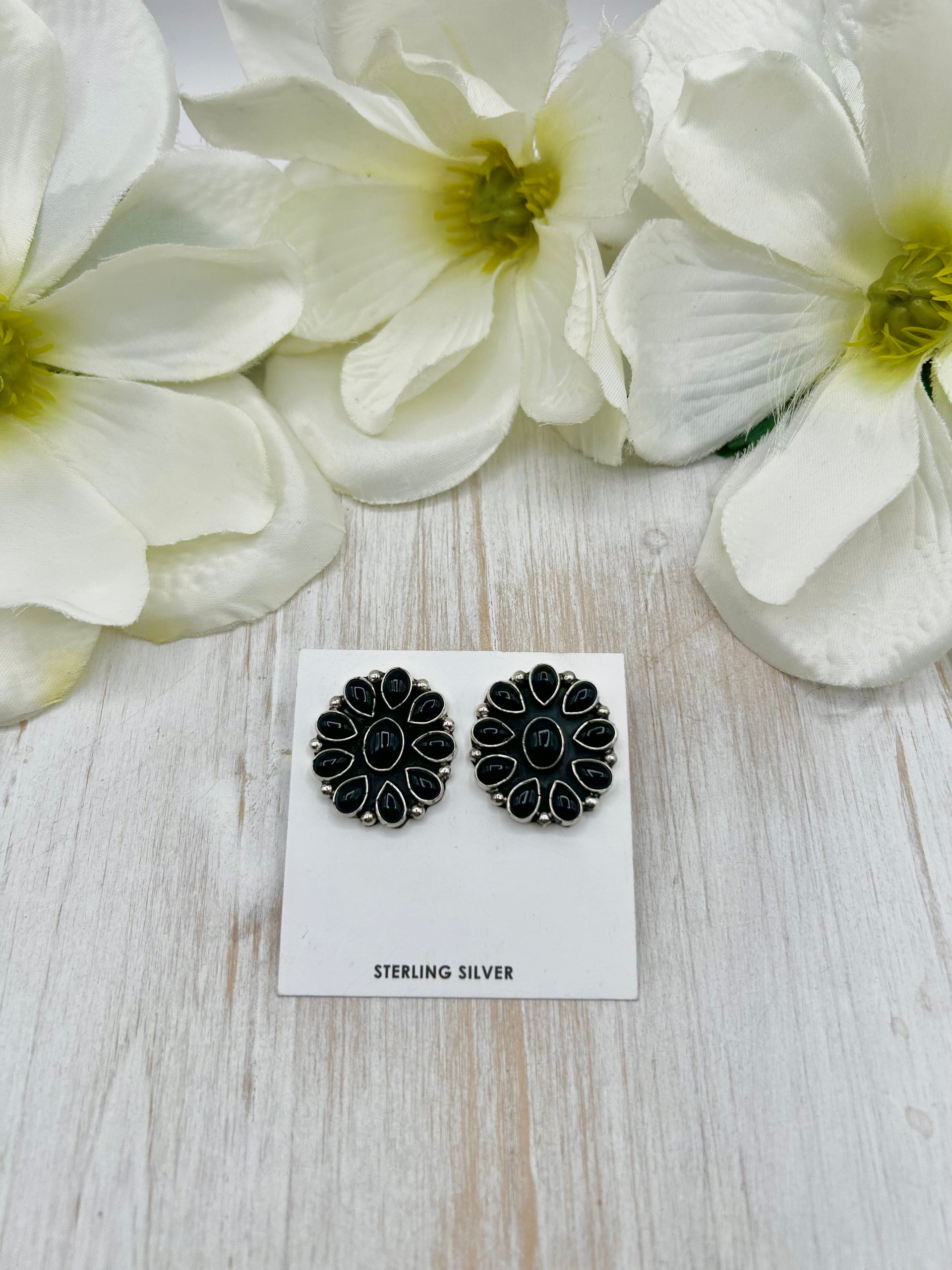Navajo Made Onyx & Sterling Silver Post Earrings