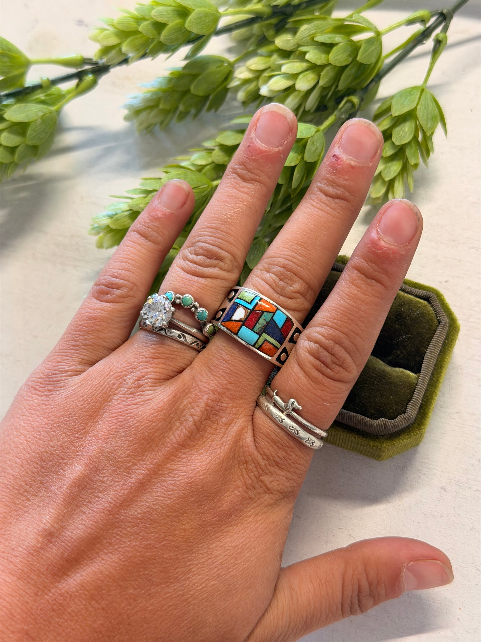 Navajo Made Multi Stone & Sterling Silver Inlay Ring Size 11