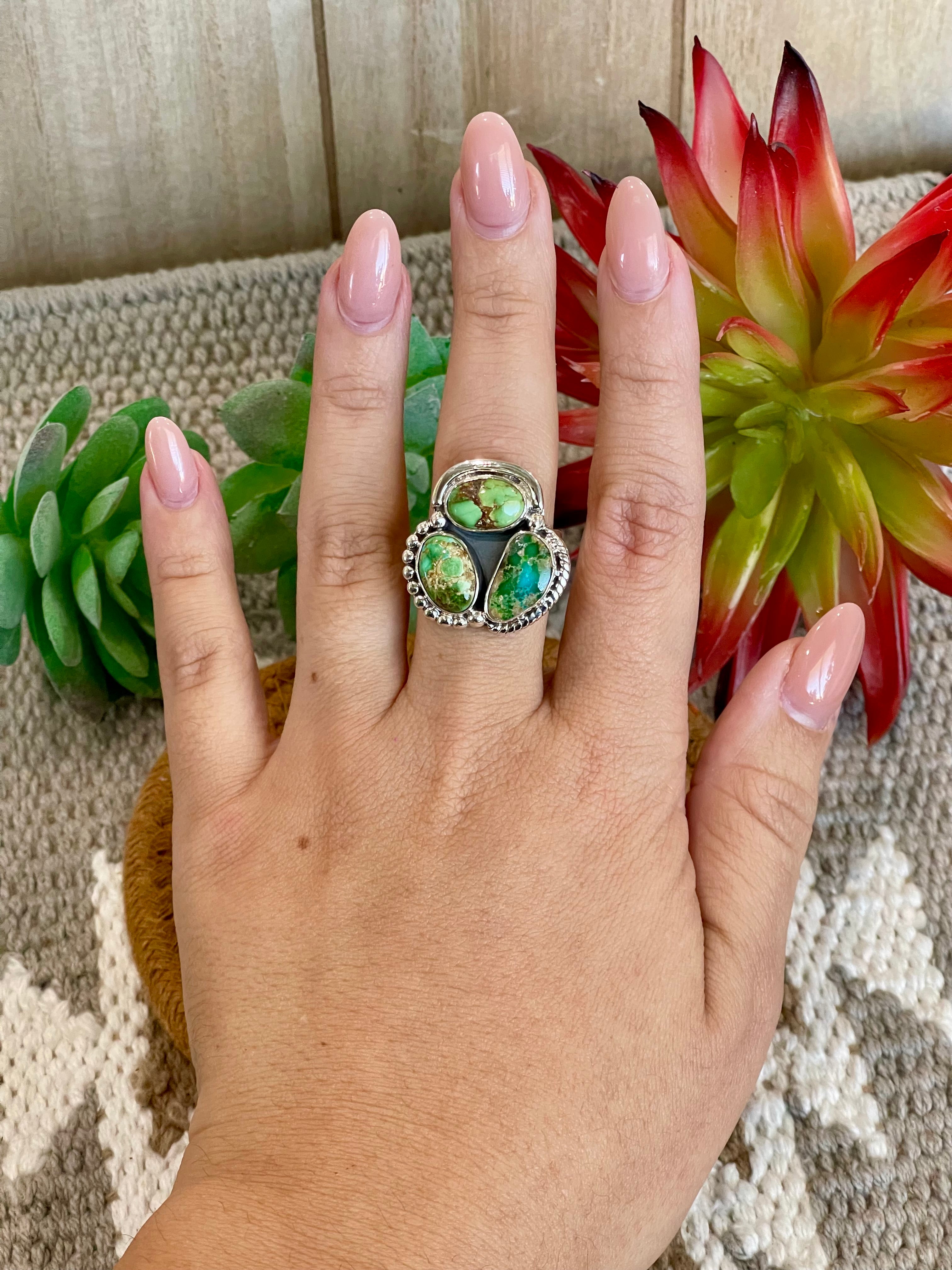 Southwest Handmade Sonoran Mountain Turquoise & Sterling Silver Adjustable 3 Stone Ring