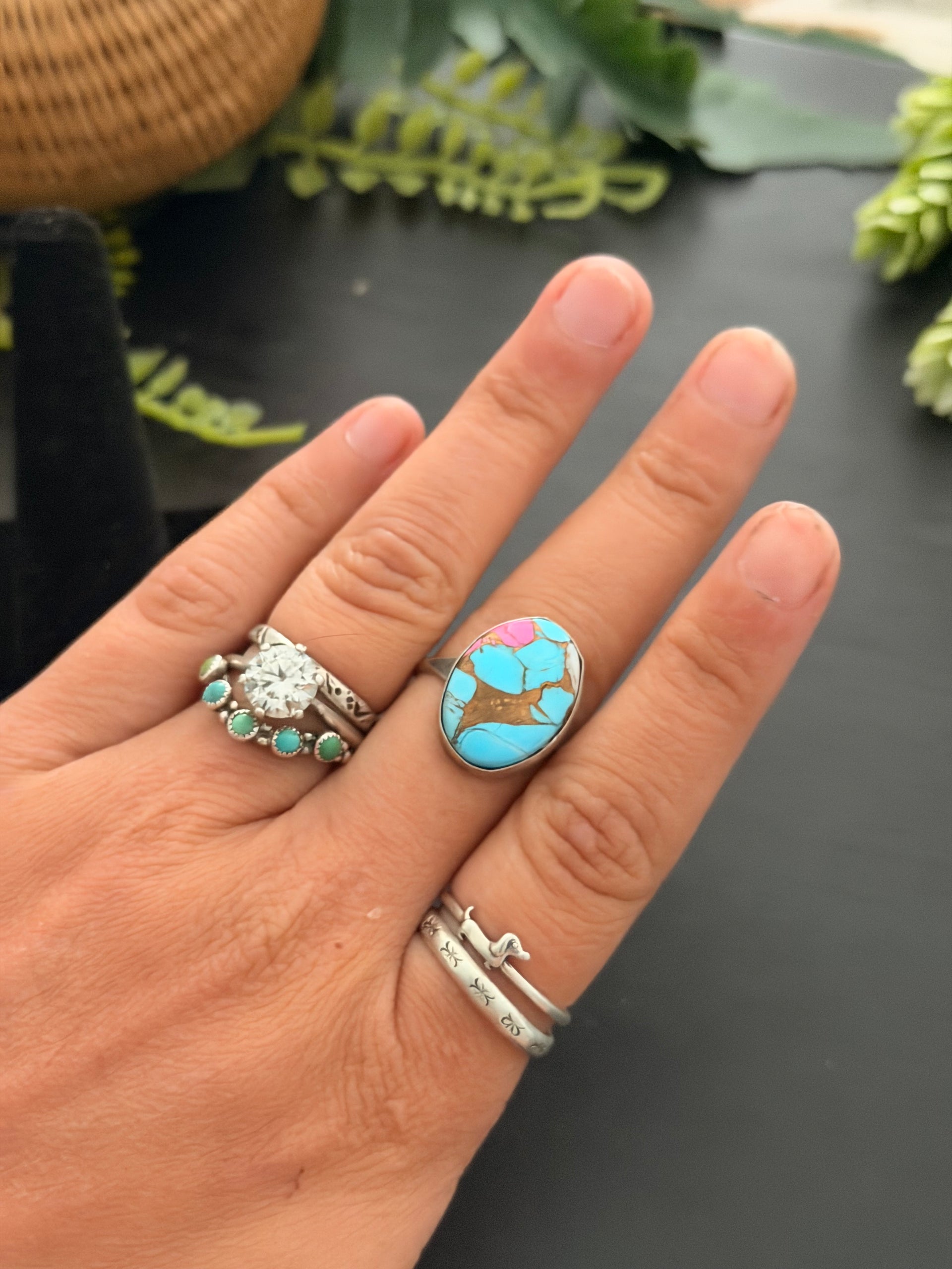 Navajo Made Cotton Candy Dahlia & Sterling Silver Ring Size 9.5