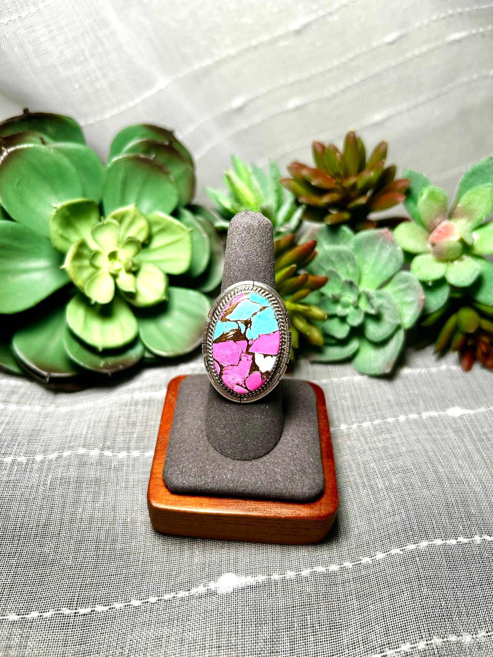 Dave Skeets Cotton Candy Dahlia & Sterling Silver Ring Size 7.75