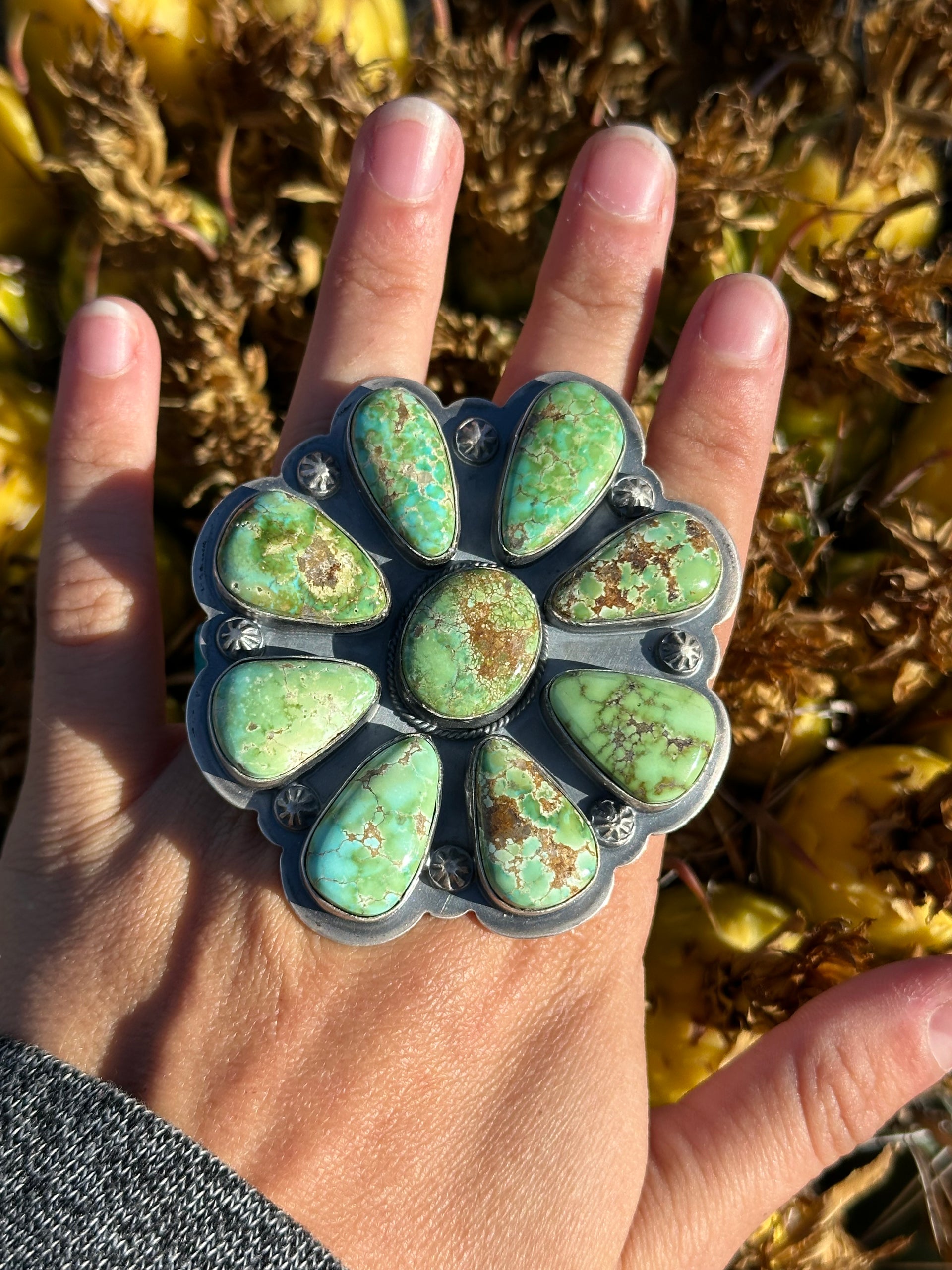 Steven Nez Sonoran Gold Turquoise & Sterling Silver Cluster Adjustable Ring