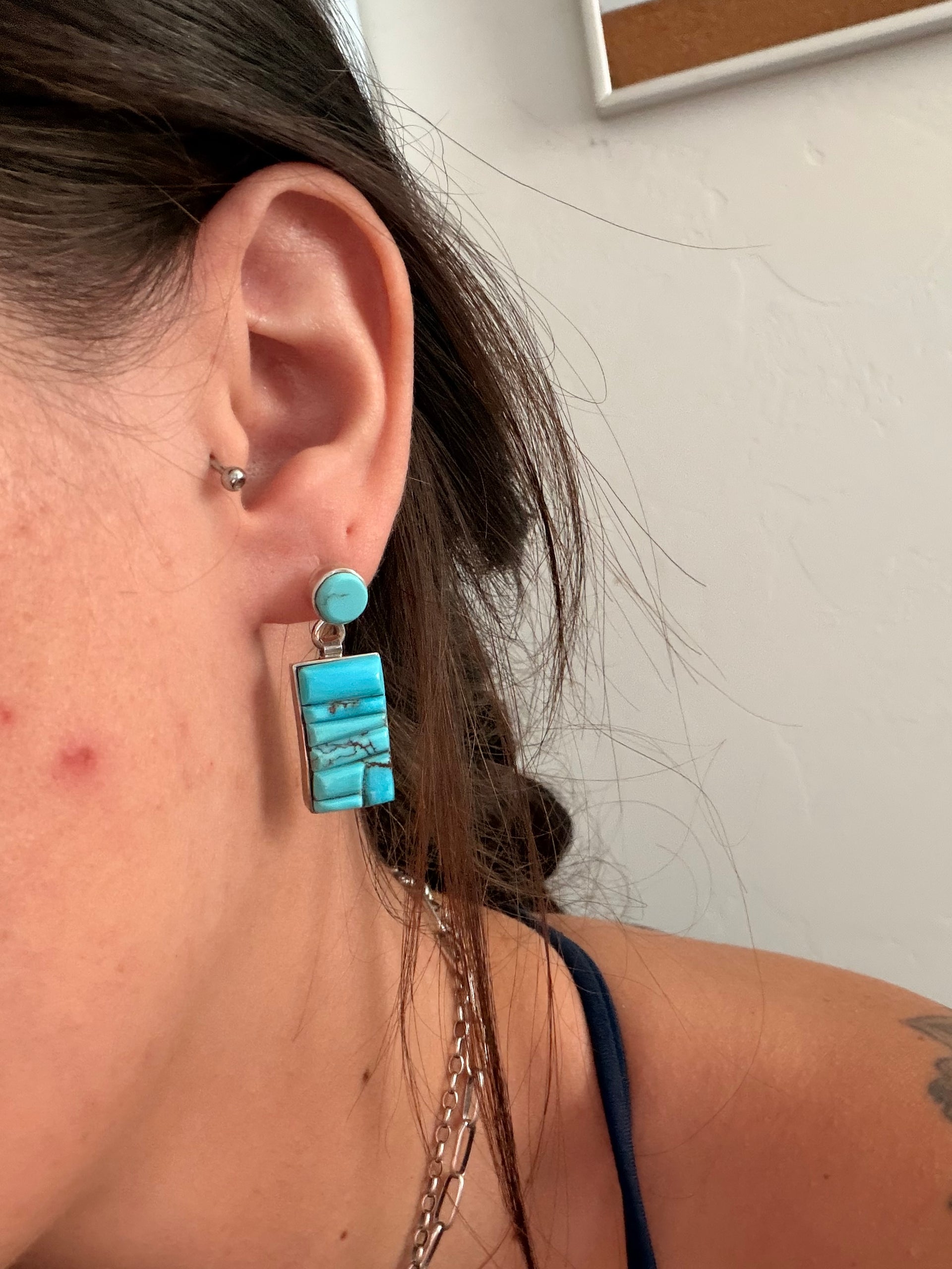 OLD PAWN Navajo Made Egyptian Turquoise & Sterling Silver Post Dangle Earrings