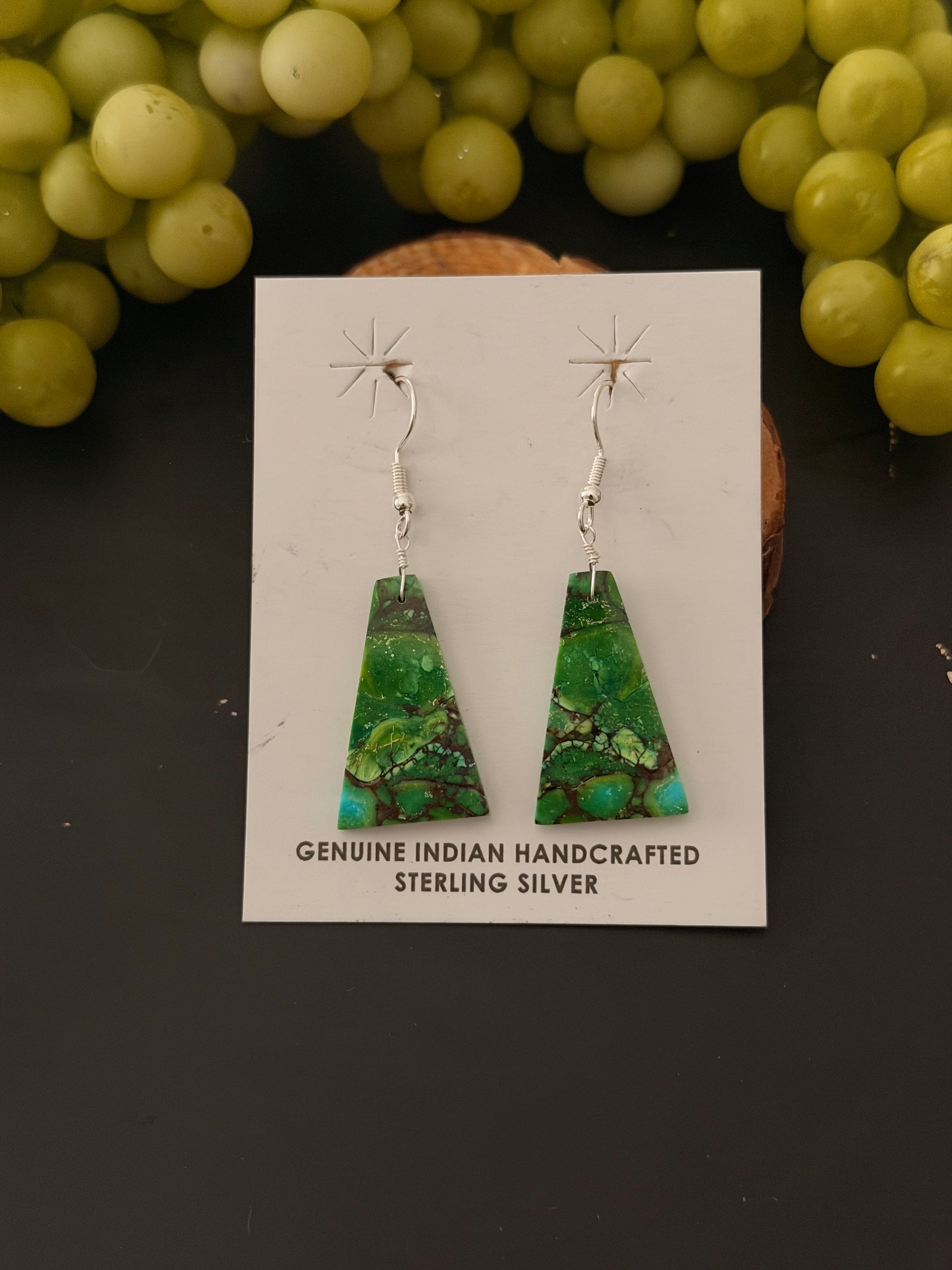 Navajo Made Green Mohave Turquoise & Sterling Silver Slab Dangle Earrings