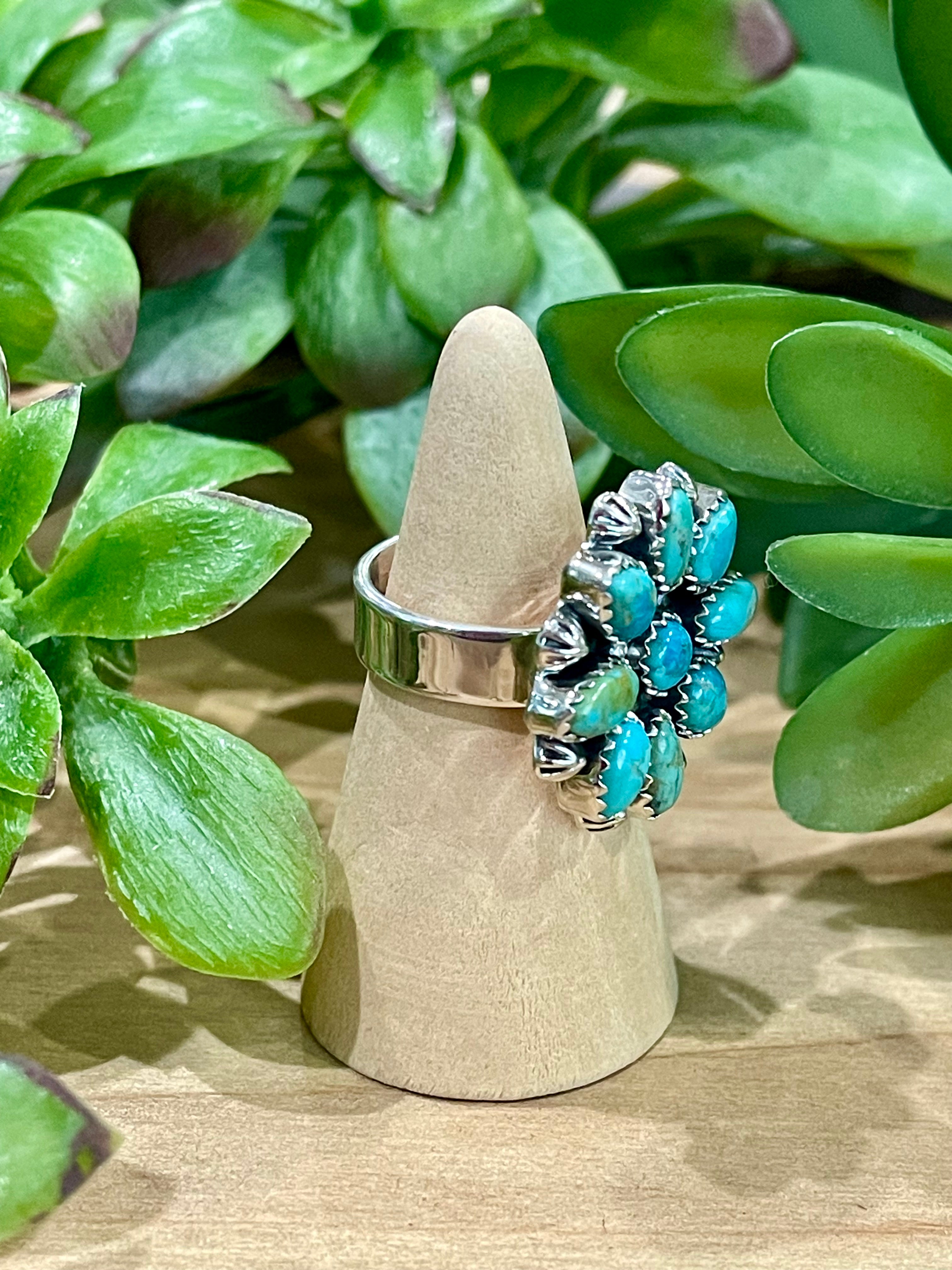 Southwest Handmade Kingman Turquoise & Sterling Silver Adjustable Flower Ring