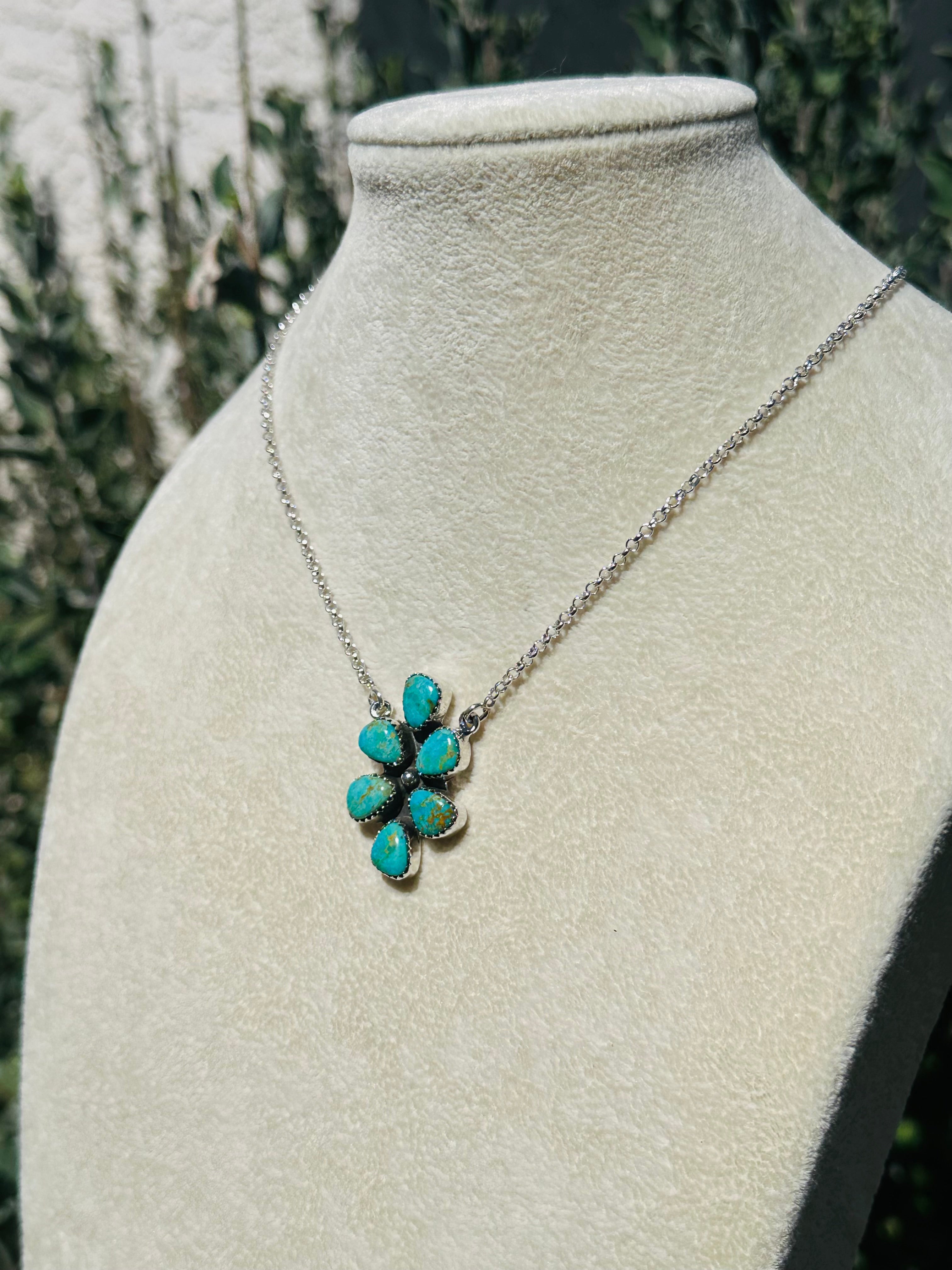 Southwest Handmade Kingman Turquoise & Sterling Silver Cluster Necklace