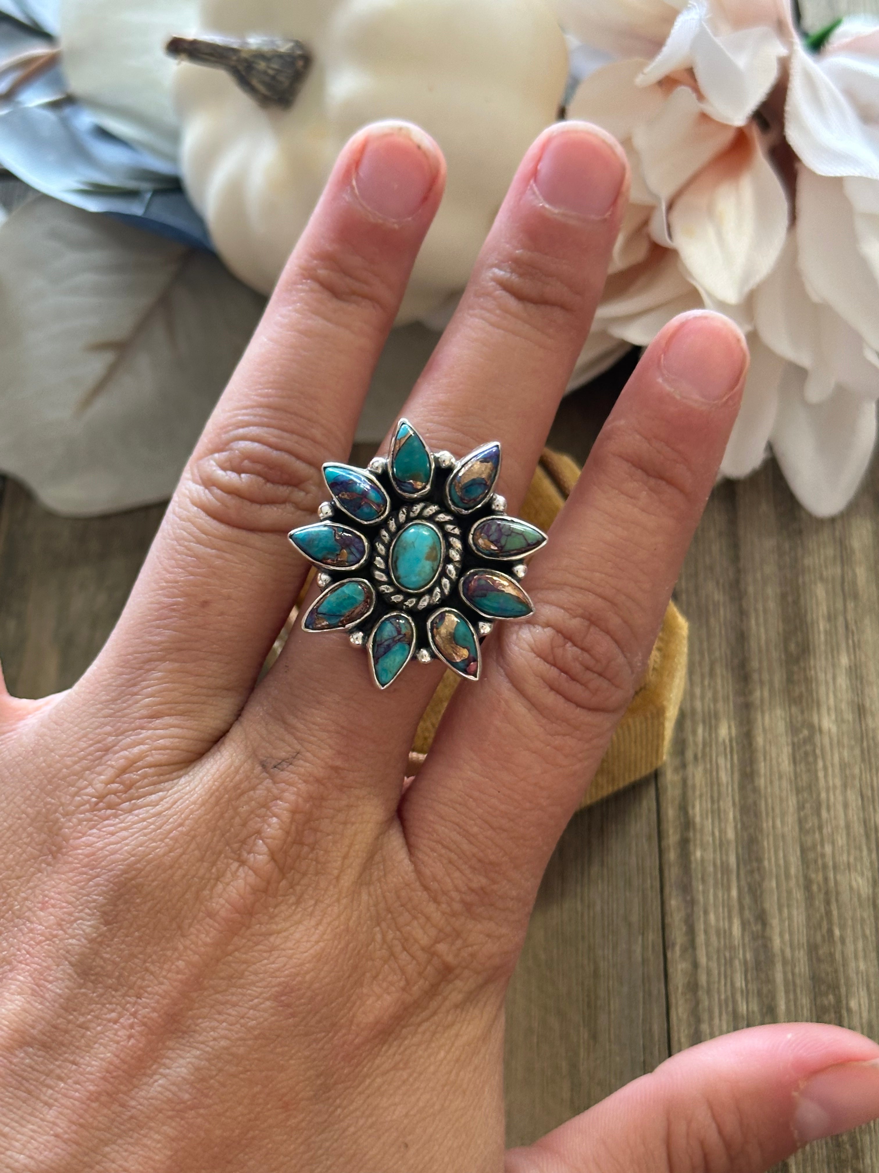 Southwest Handmade Mohave Turquoise & Sterling Silver Adjustable Cluster Ring