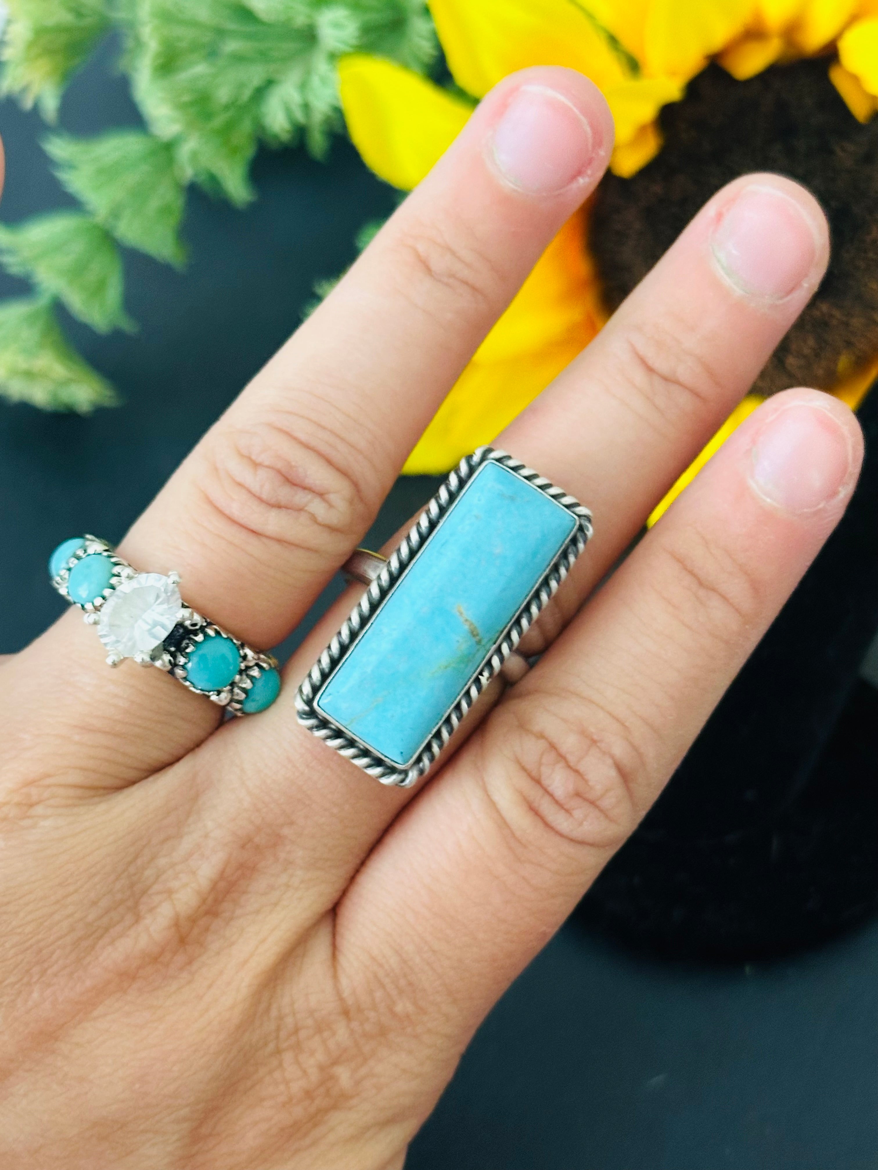 Navajo Made Kingman Turquoise & Sterling Silver Adjustable Ring